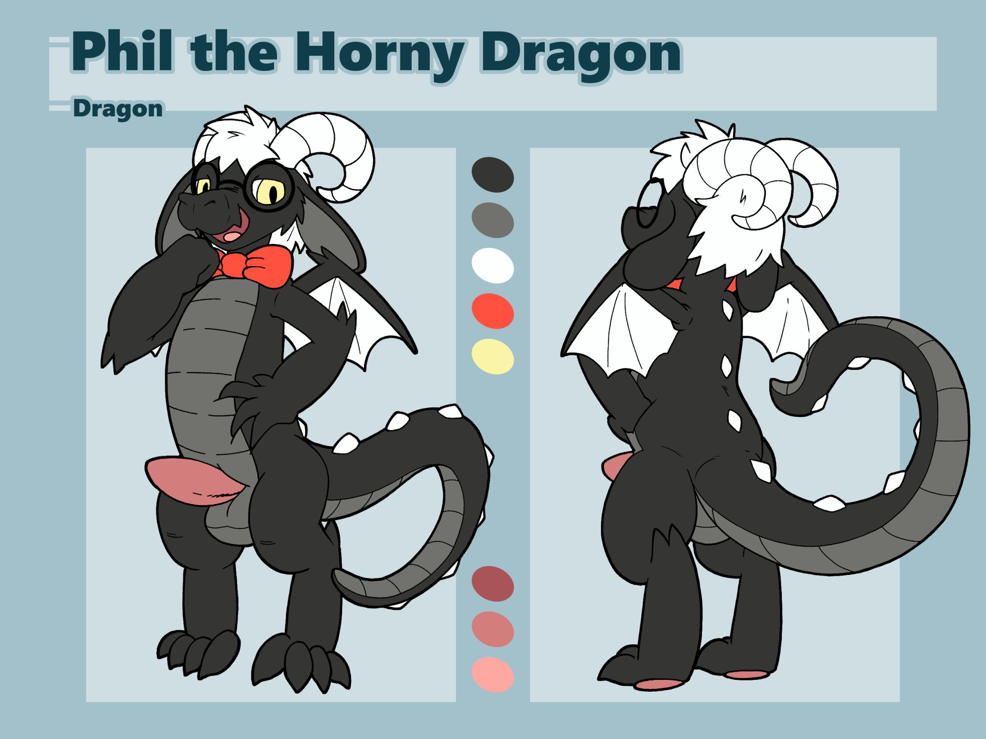 model sheet for "phil the dragon", a bipedal male black dragon with a bowtie