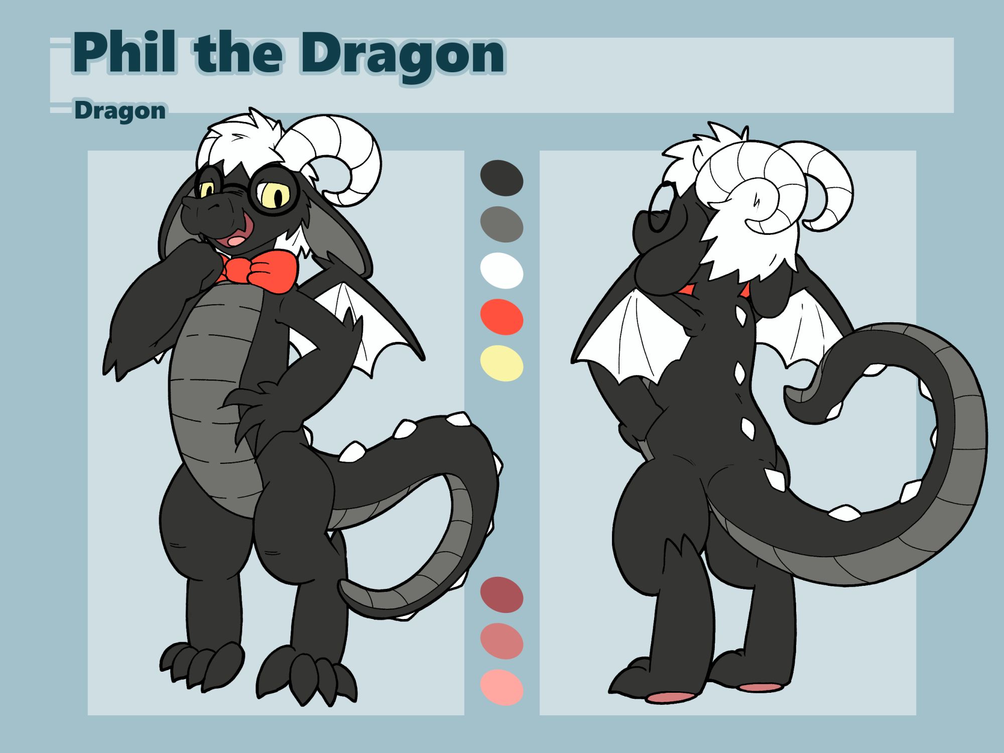 model sheet for "phil the dragon", a bipedal black dragon with a bowtie