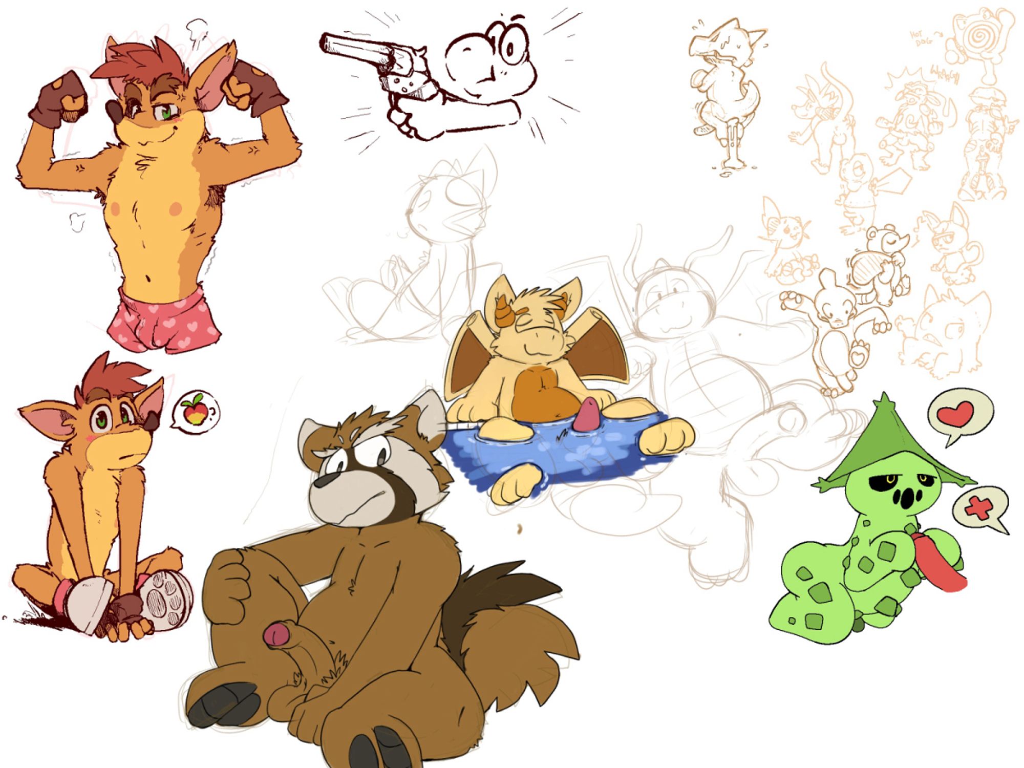 a wide array of rule34 featuring pokemon, crash bandicoot, and some dragons and other characters