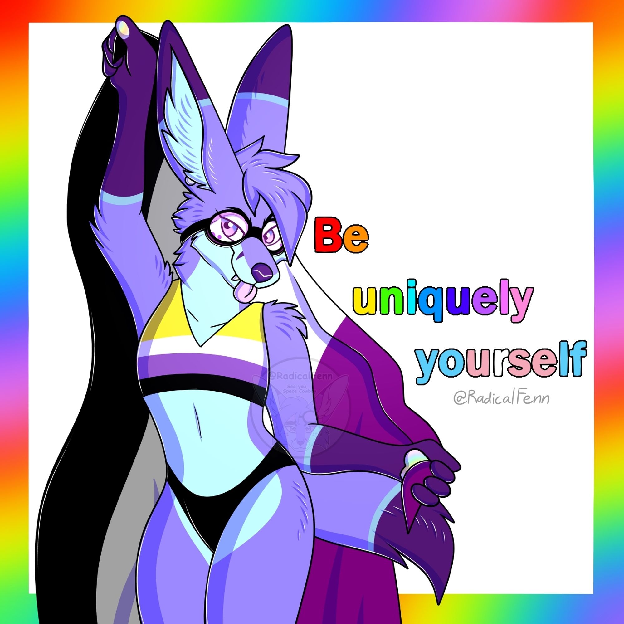 Amethyst fennec being fabulous holding an ace pride flag and wearing an enby flag bathing suit type of outfit. A rainbow gradient borders a plain white background with the caption "Be uniquely yourself" in rainbow and trans text