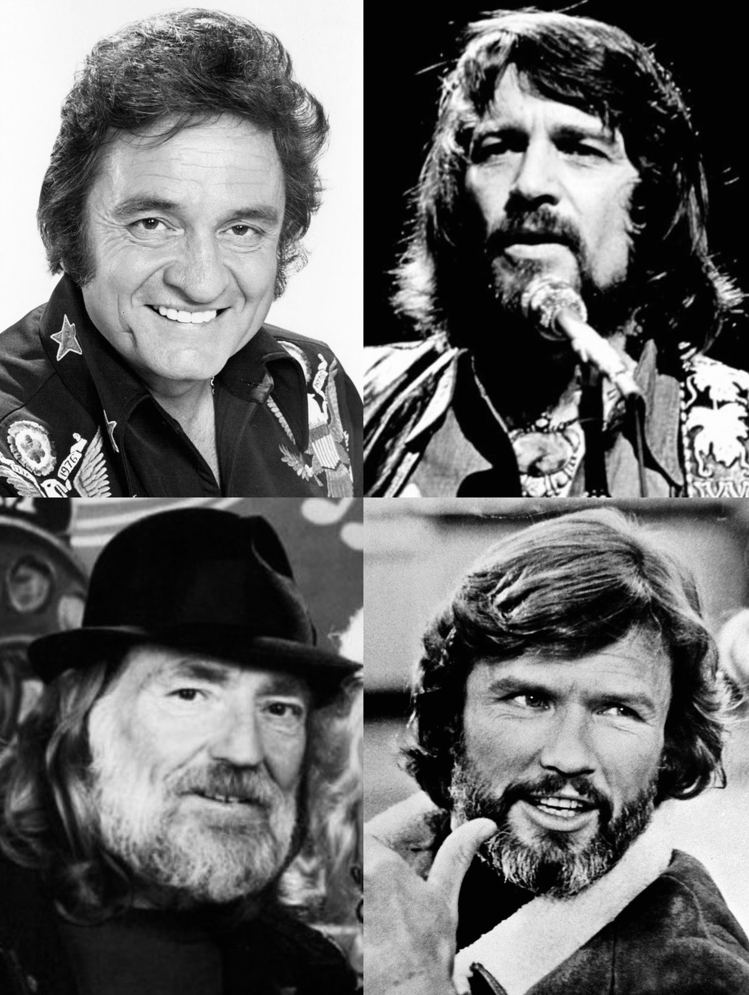 Publicity photos of Johnny Cash, Waylon Jennings, Willie Nelson, and Kris Kristofferson grouped into a single four-square image.

Johnny Cash 1977 photo: CBS Television Waylon Jennings 1976 photo: RCA Records Willie Nelson 1985 photo: CBS Television Kris Kristofferson 1978 photo: Magna