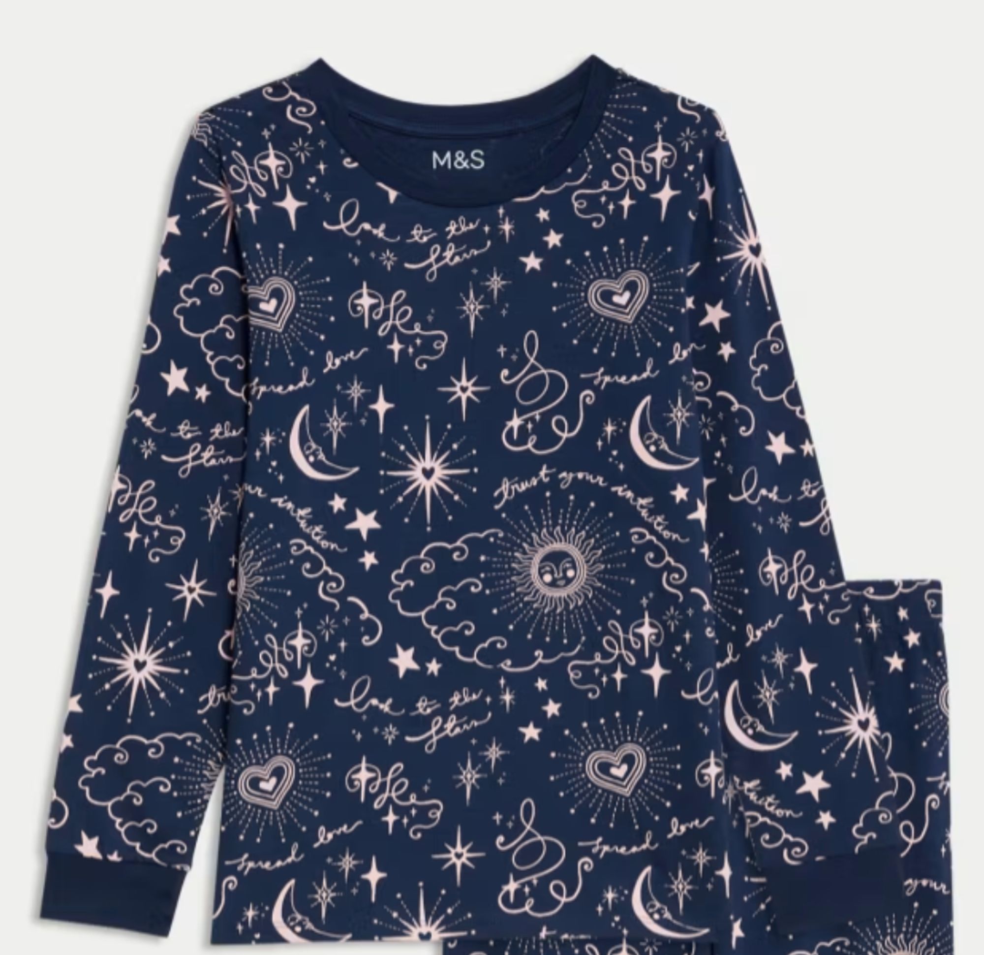 Girls pyjamas with twinkling stars and curvy writing saying spread love and similar