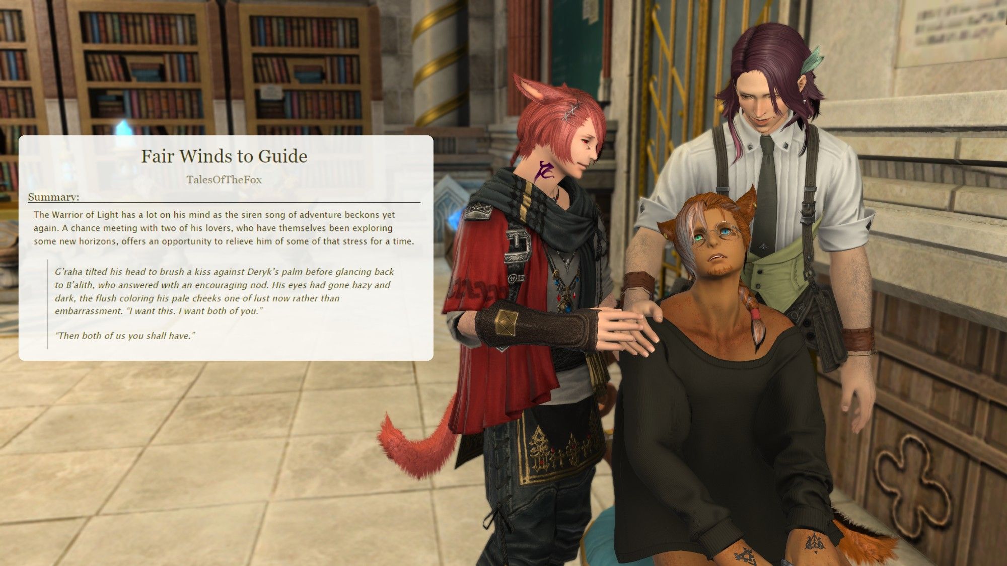 B'alith, a male Miqo'te, sits at the desk in the Baldesion Annex inn room. G'raha Tia and Deryk stand behind him, each with a hand on his shoulder. Overlaid on the scene is a screenshot from AO3 for a fic titled "Fair Winds to Guide", by TalesOfTheFox.