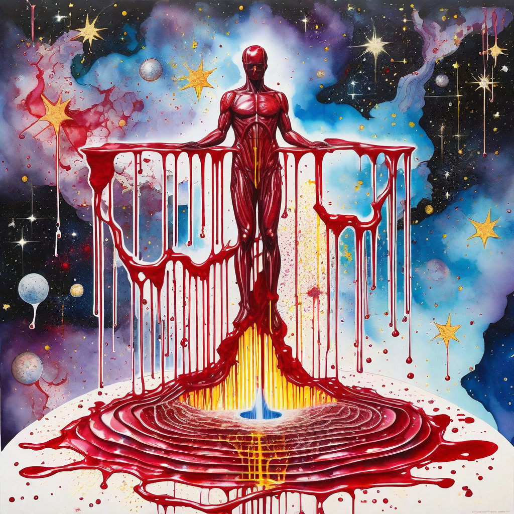 man without skin standing in a puddle of blood in space