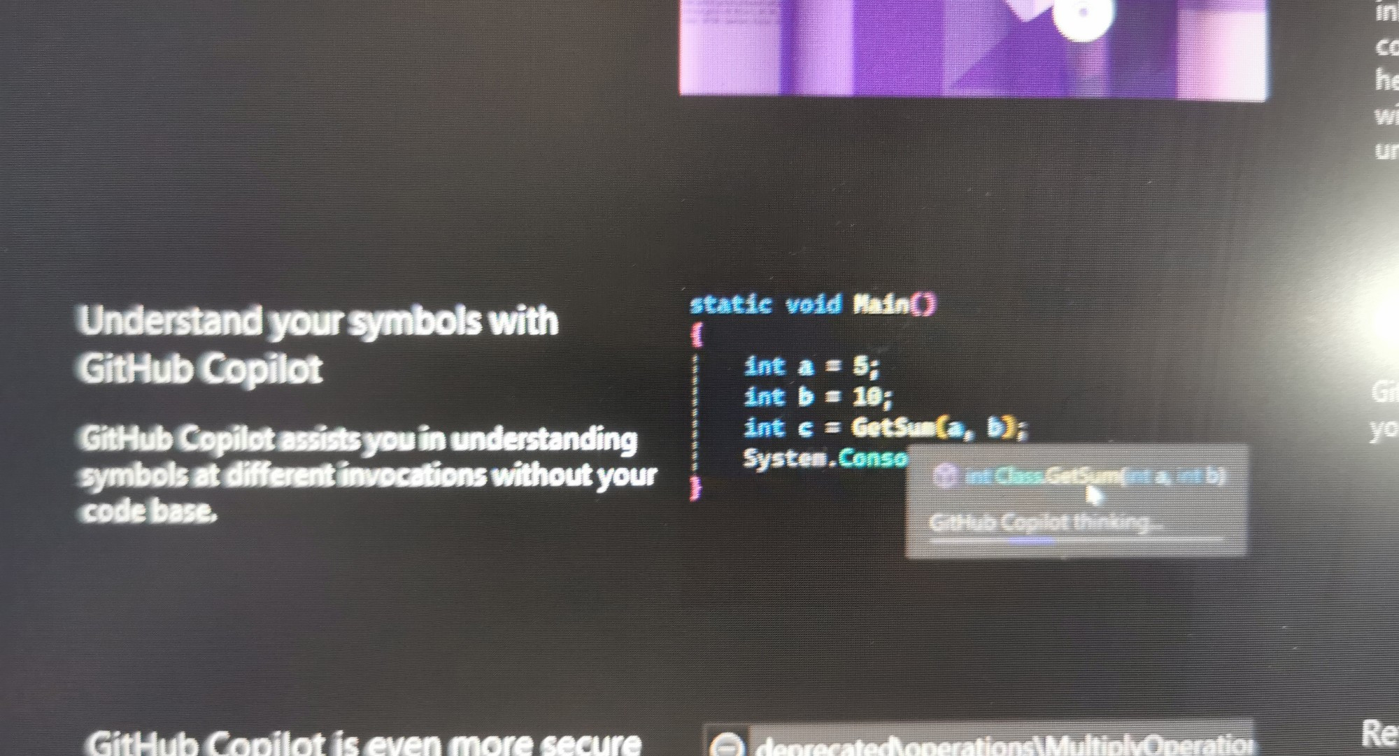 copilot usage example from a visual studio update, the ai is helping the developer understand some code. the code is computing the sum of two hard-coded constant integers, but not using the + operator, which i suppose is what has confused the developer, and presumably the getsum function is complex and not documented such that glancing at its definition hasn't cleared up what's going on with it