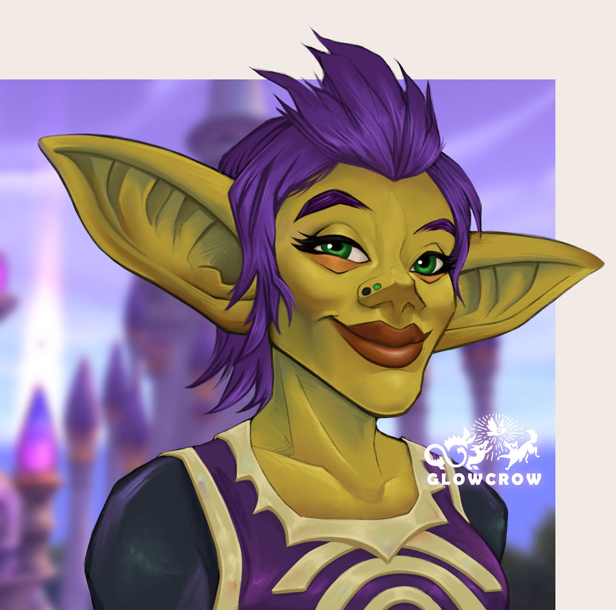 A bust drawing of Blitzle the goblin from World of Warcraft in front of Dalaran background.