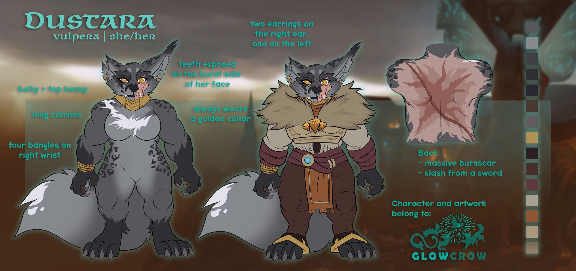 A digitally drawn reference sheet of Dustara the vulpera from World of Warcraft.