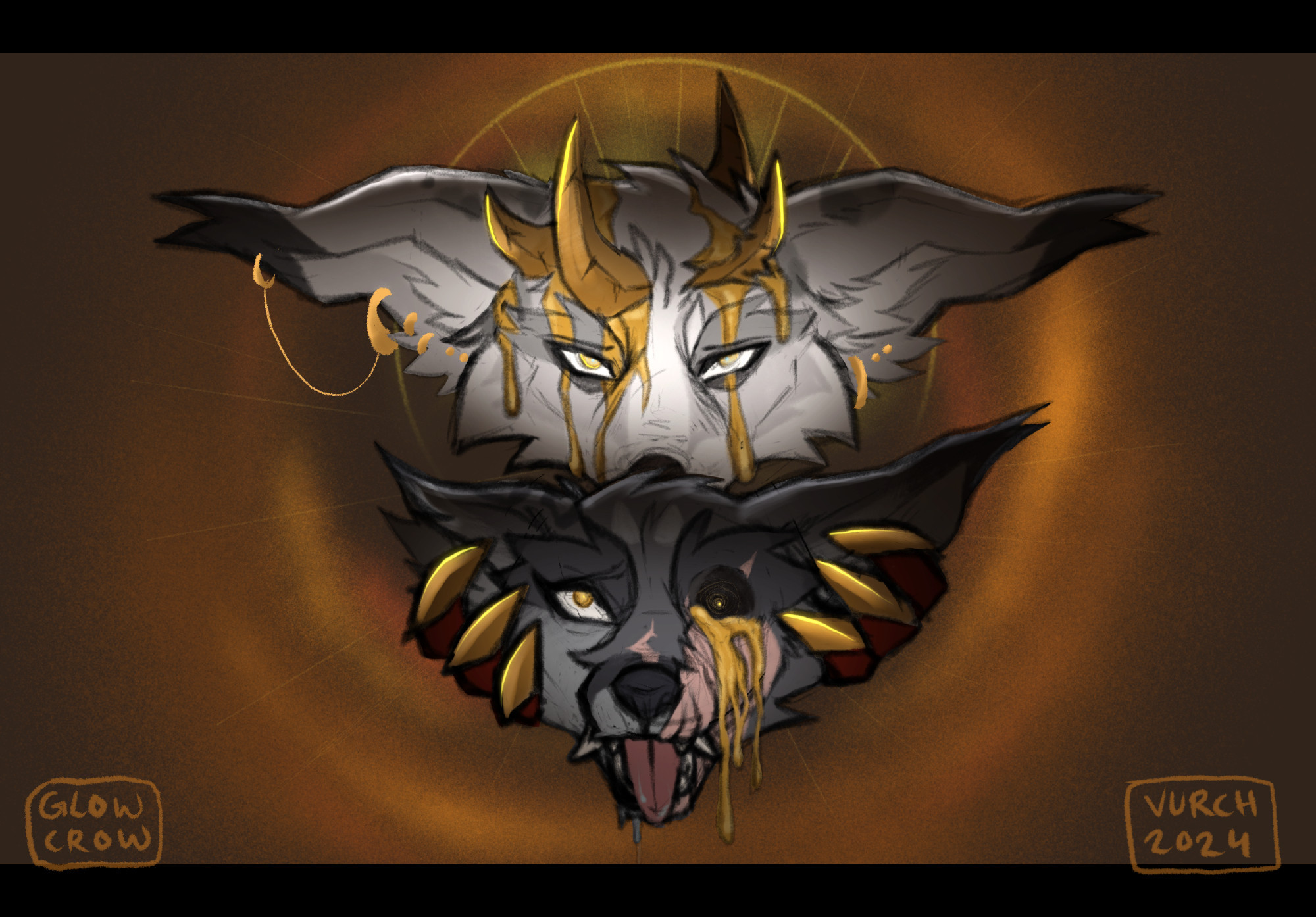 Digital drawing of two vulpera. Cheyda has a crown of spikes growing from his skull, gold blood bleeding down his face. He's holding aloft the face of Dustara, whose jaw is slack, her left eyeball torn out and bleeging gold. A tiny speckle of light glows within the empty socket.