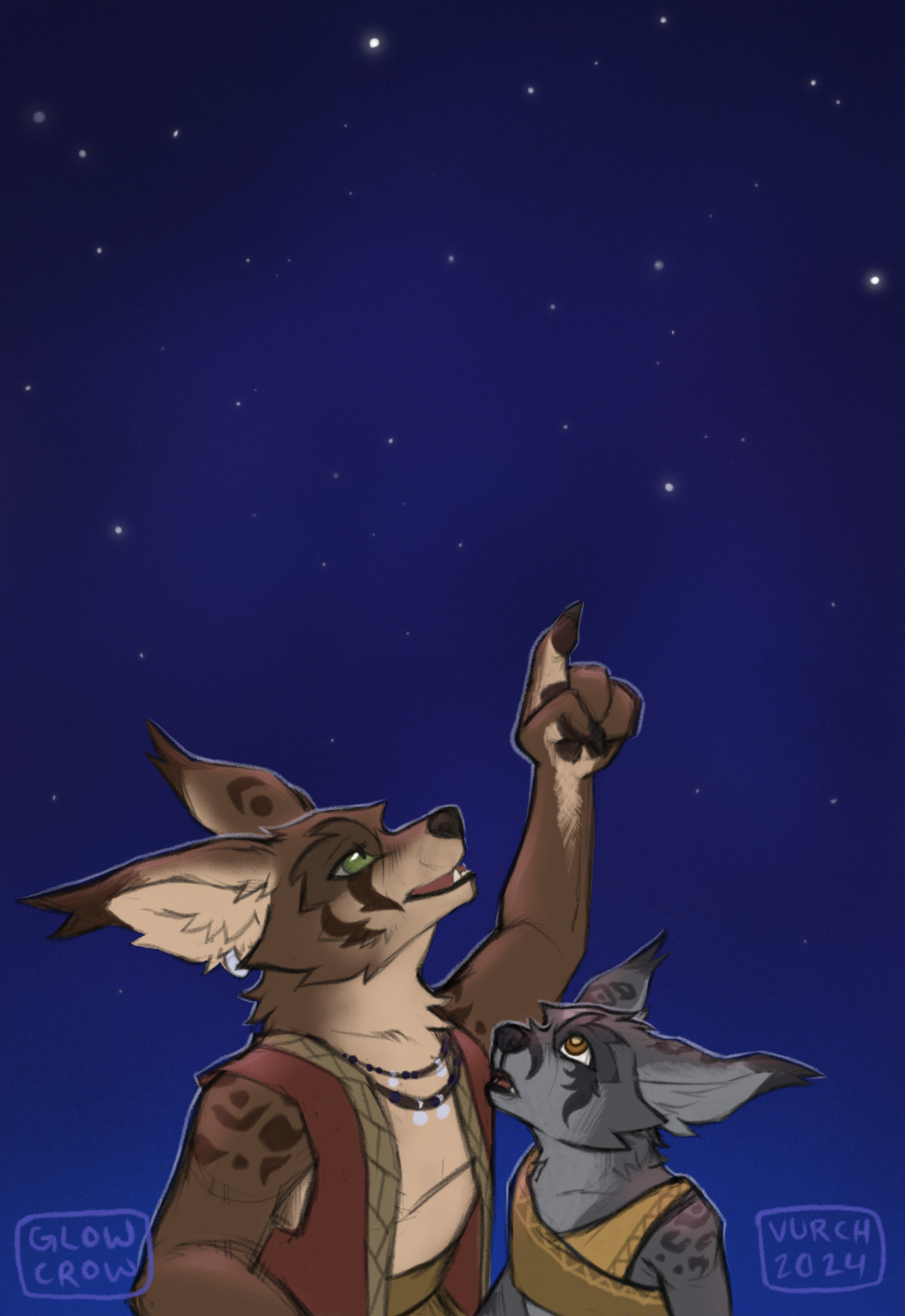 A digital drawing of two vulpera (fox people) from World of Warcraft, the MMORPG. A brown-furred father is showing his ashen-furred daughter the stars - "the campfires of the ancestors".