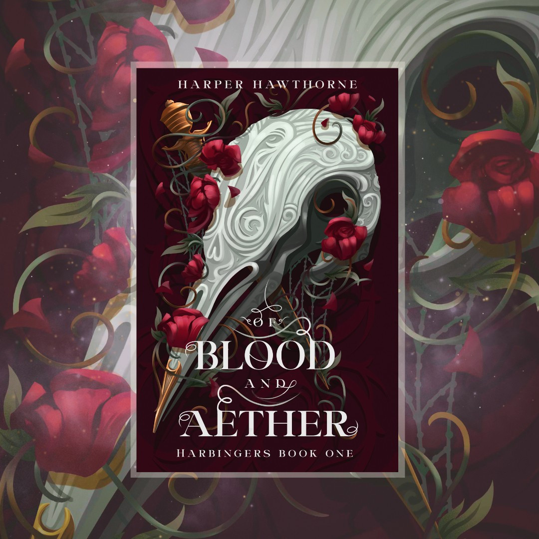 A 1:1 square graphic of the cover reveal for Harper Hawthorne's upcoming debut dark romantasy novel, "Of Blood & Aether". 

The cover features a large, ornately carved raven's skull against a deep, wine red background. Behind the skull appears to be a dagger with a golden hilt, and wrapped around the skull are green and gold vines with small leaves and red, rose-like flowers. The title in the center reads "Of Blood & Aether" in white text, with curling flourishes.