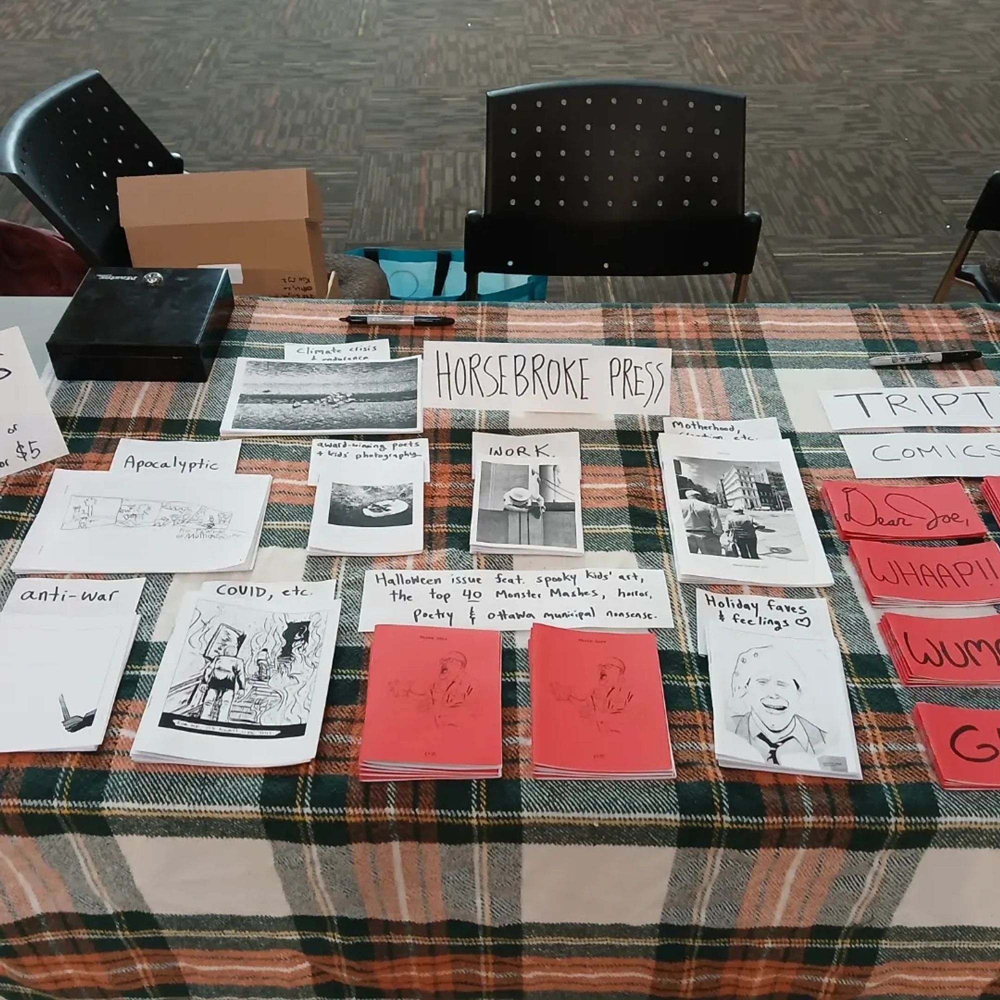 Table full of zines on a nice plaid blanket