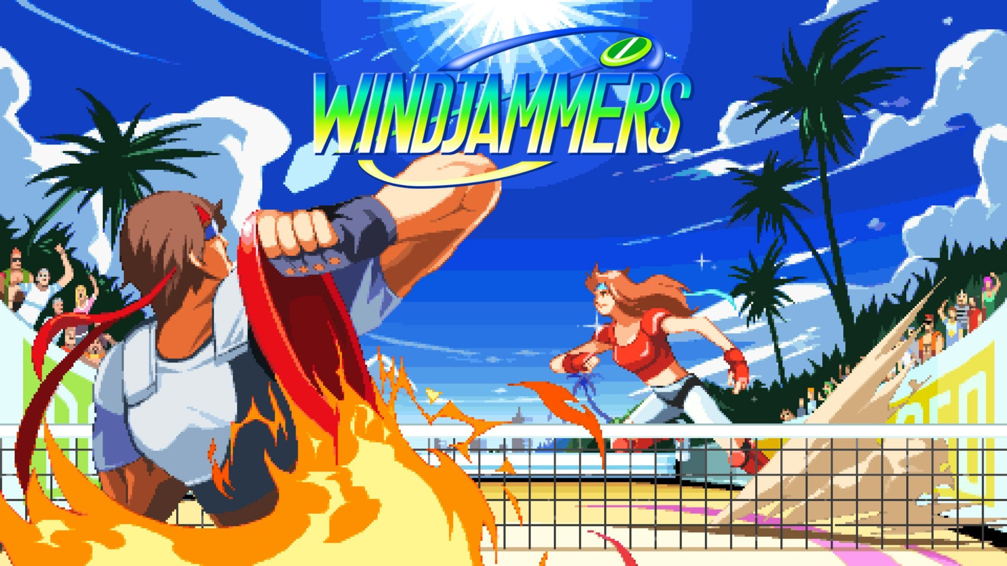 The banner art for windjammers, showing one competitor lighting a frisbee aflame to hurl at his opponent.