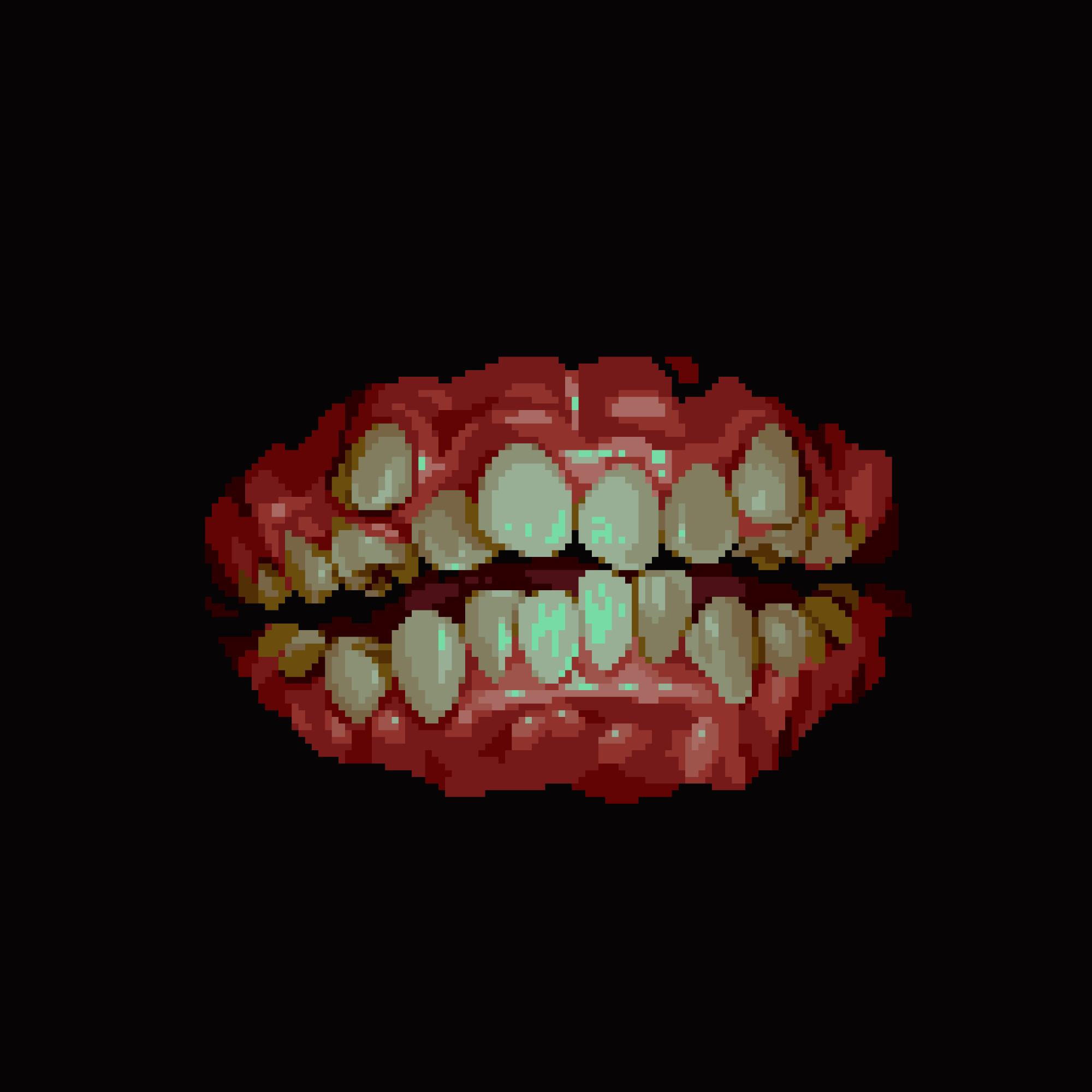 pixel art of a young person's teeth before braces. many are out of place and two canines on the top row are highly misaligned above the rest. the teeth are yellowish and the highlights are teal giving it an uncanny look.