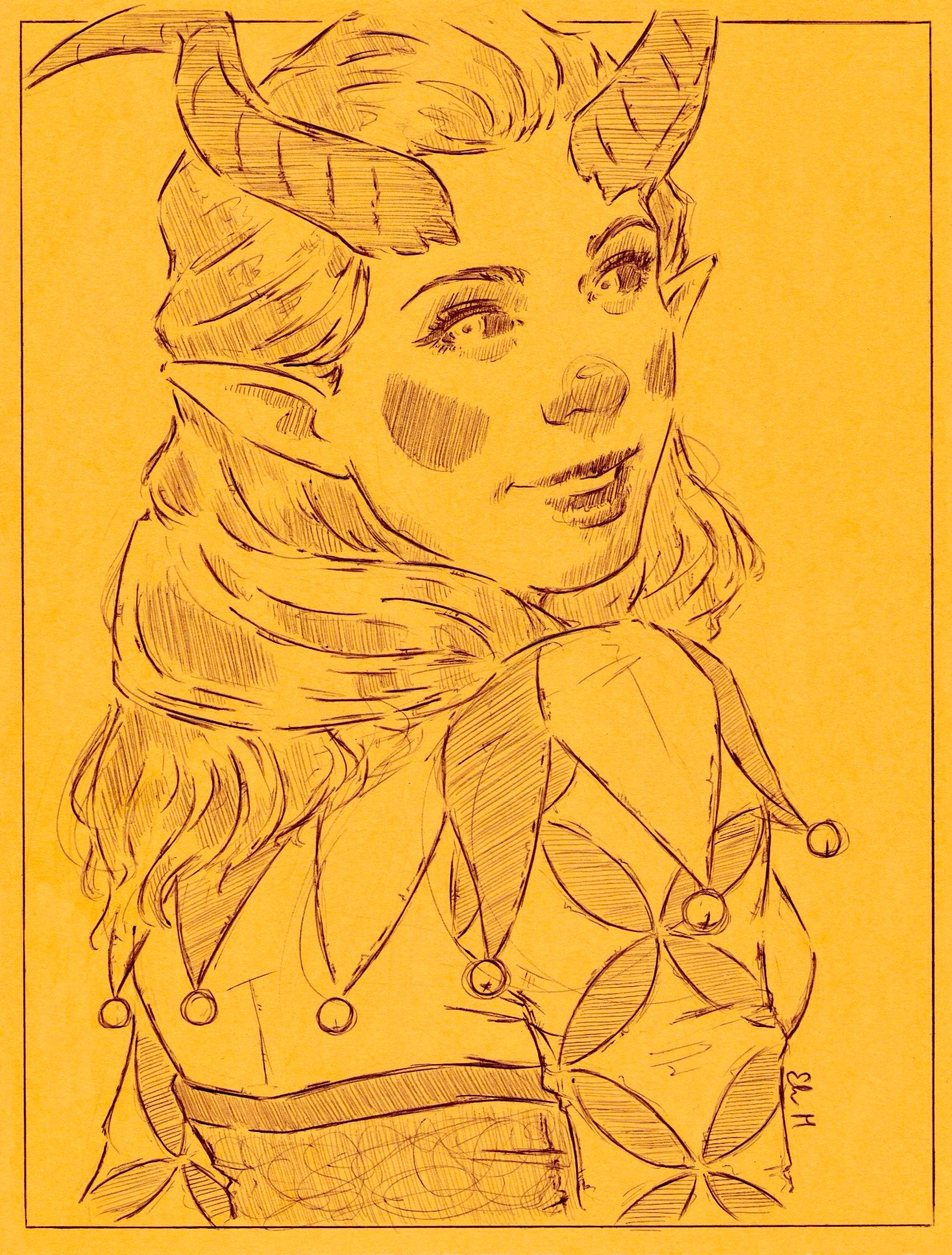 Purple ink on yellow paper of Alfira from Baldur's Gate 3