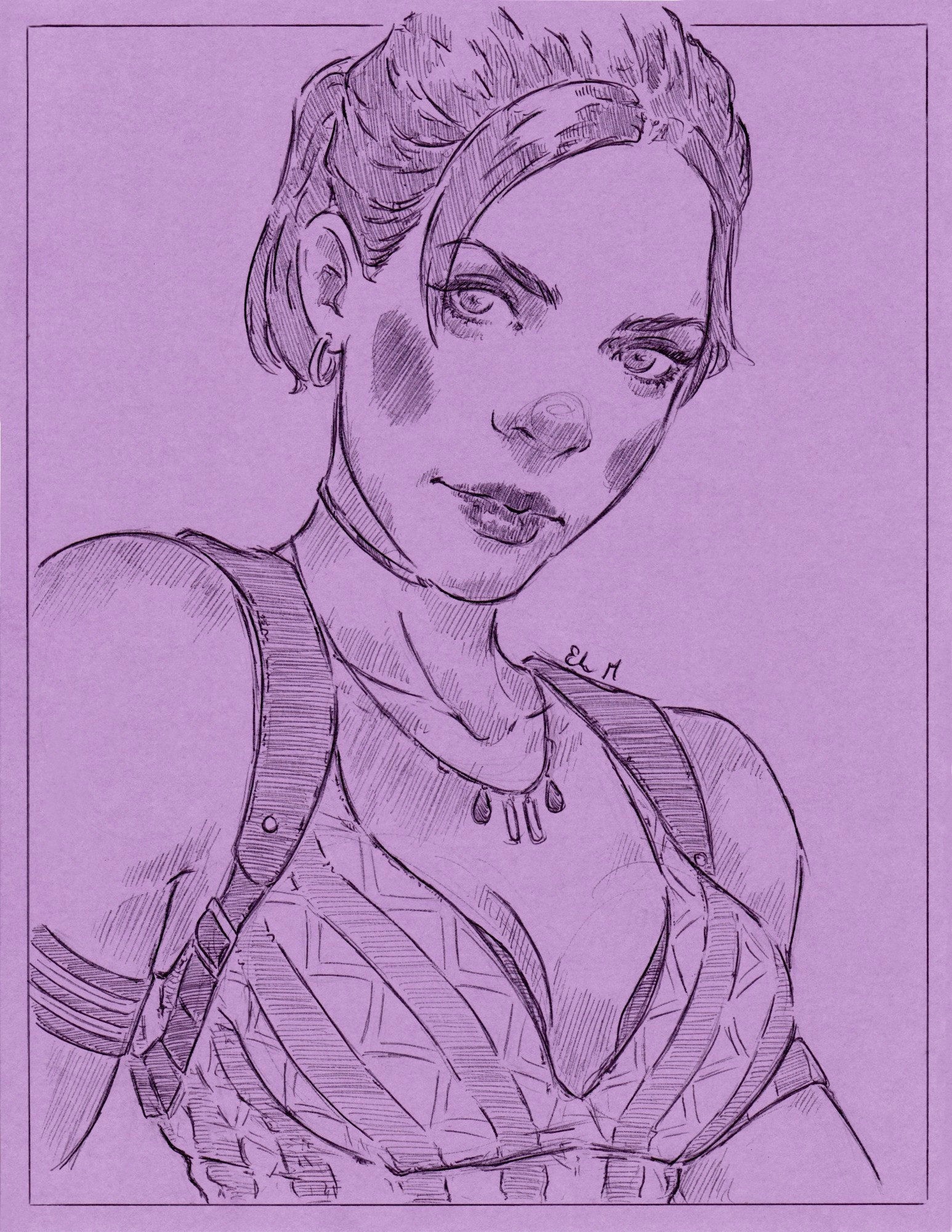 Black ink on purple paper of Sheva Alomar from Resident Evil 5.