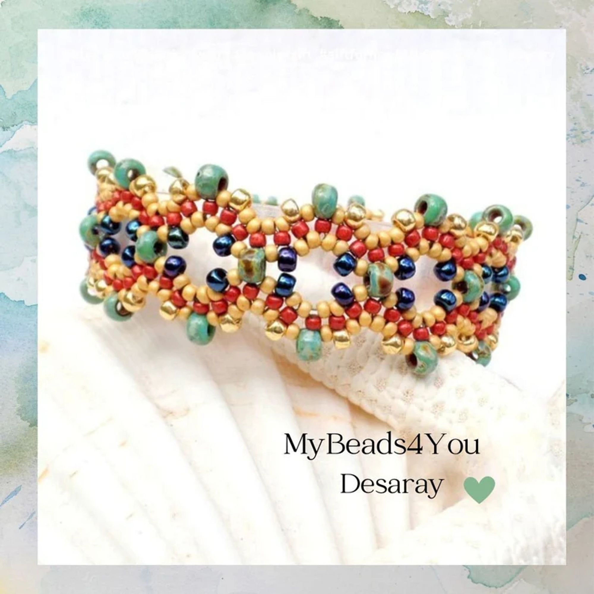 Beadwork bracelet in awesome colors of turquoise, gold, midnight blue and berry.  Beads are woven together to create an unique design.
Stop by My Beads 4 You Etsy Shop for more beadwork jewelry. Thank you