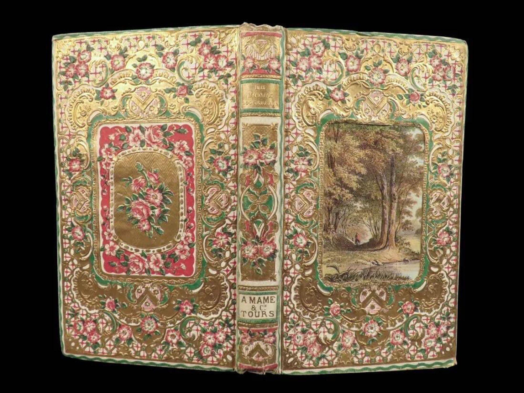 Gold book cover with incredible pink and white floral design that covers the whole cover in an intricate pattern. In the center of the front is a beautiful painting of a small person under an enormous tree in a natural setting. The center of the back cover has a design with a rectangular pink border and a larger bouquet version of the pink flowers in the center.