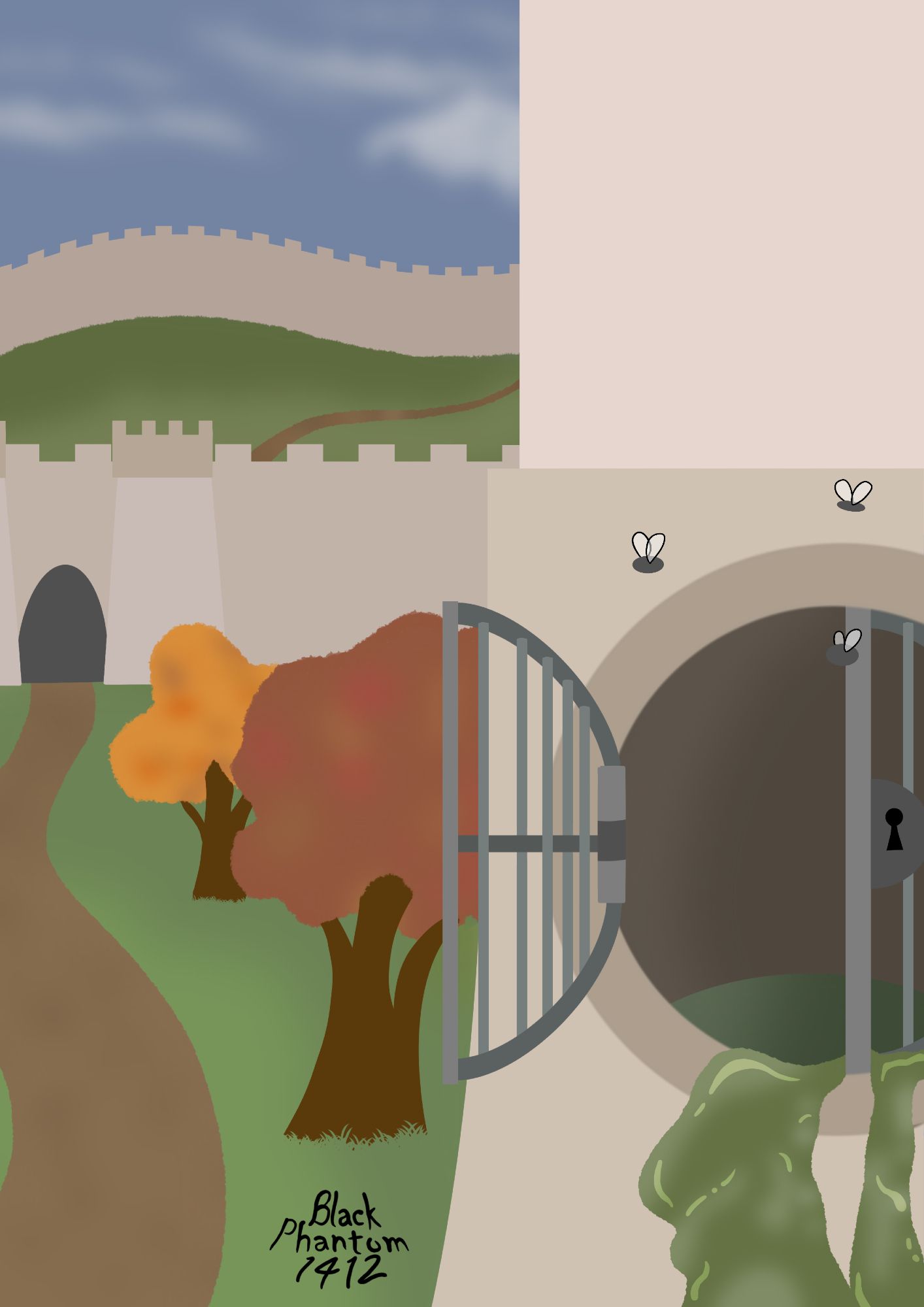 The background has a long wall with a turret protecting lands within and another wall. There are trees lining a path that leads to a large opening in the wall. In the forground however has an open gate into a sewer, green slime is dripping out and flies around the opening