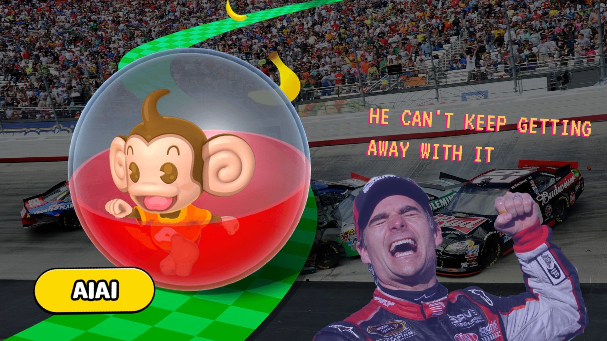 AiAi destroys a Nascar race. Jeff Gordon screams in agony as it has happened so many times. He is saying, "He can't keep getting away with it." Race fans look on in horror.