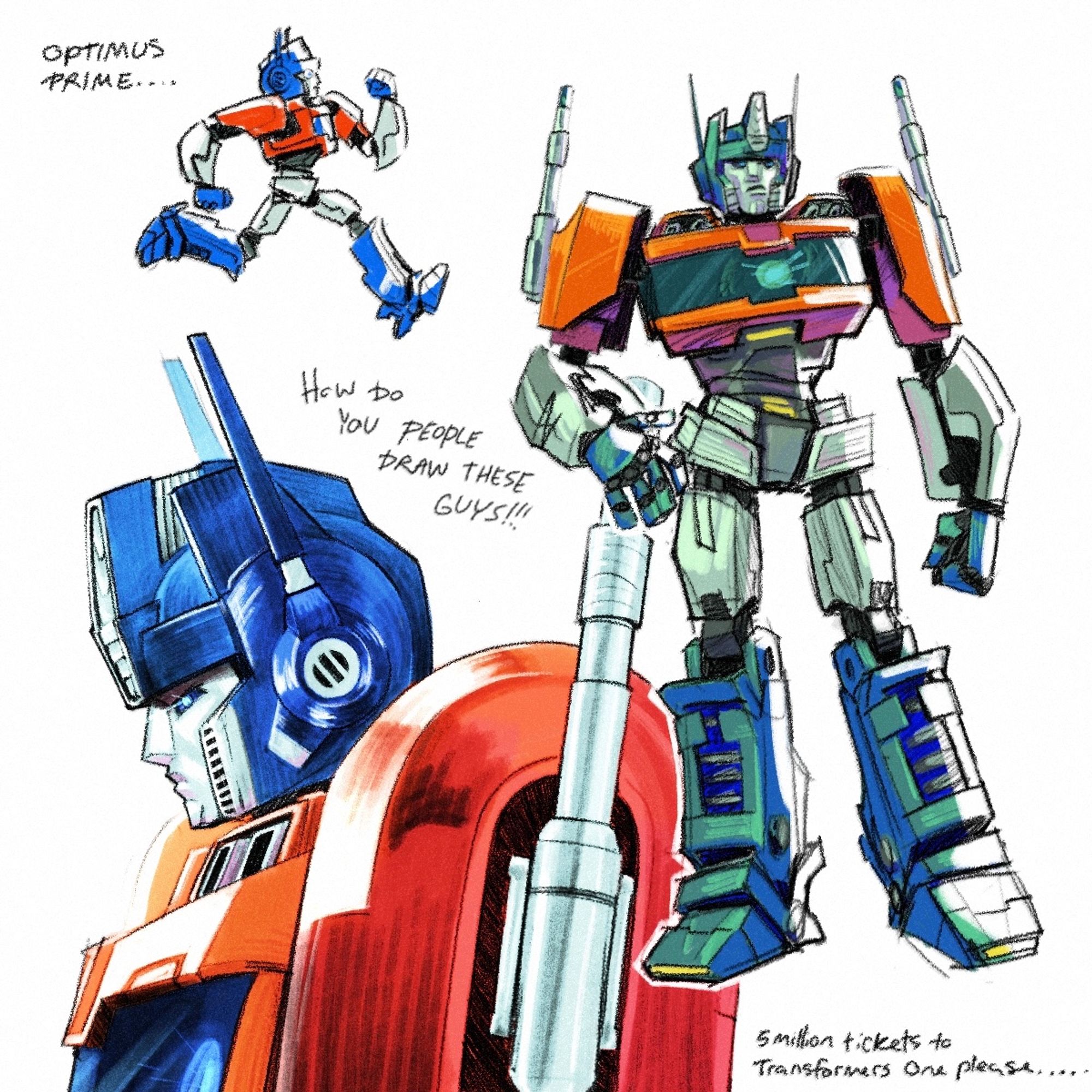 3 colored sketches of optimus prime from transformers one