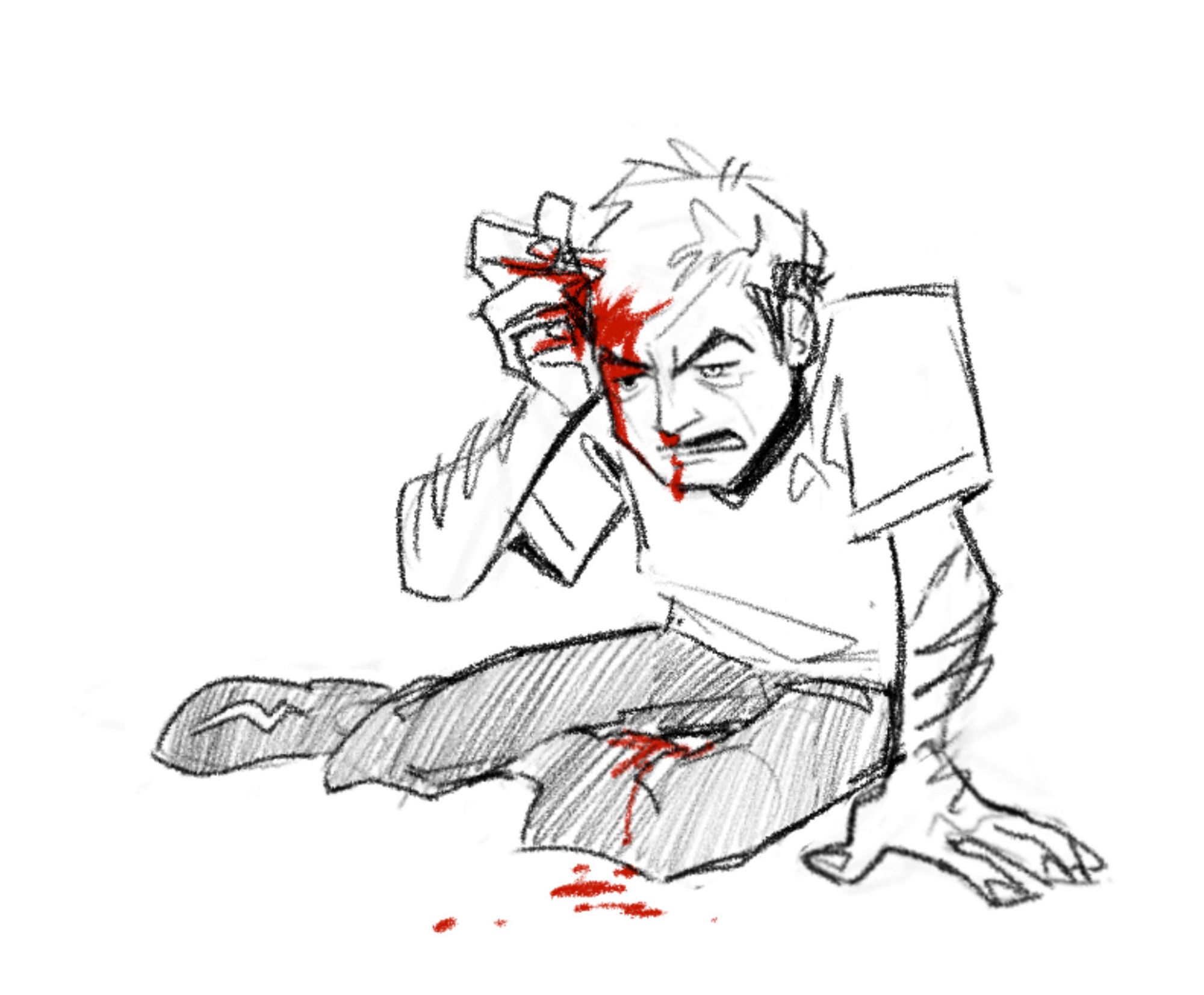 sketch of mccoy sitting on the ground, leaning on his arm and holding his other hand to his bleeding head. i’m sure hes fine, head wounds just bleed a lot…..