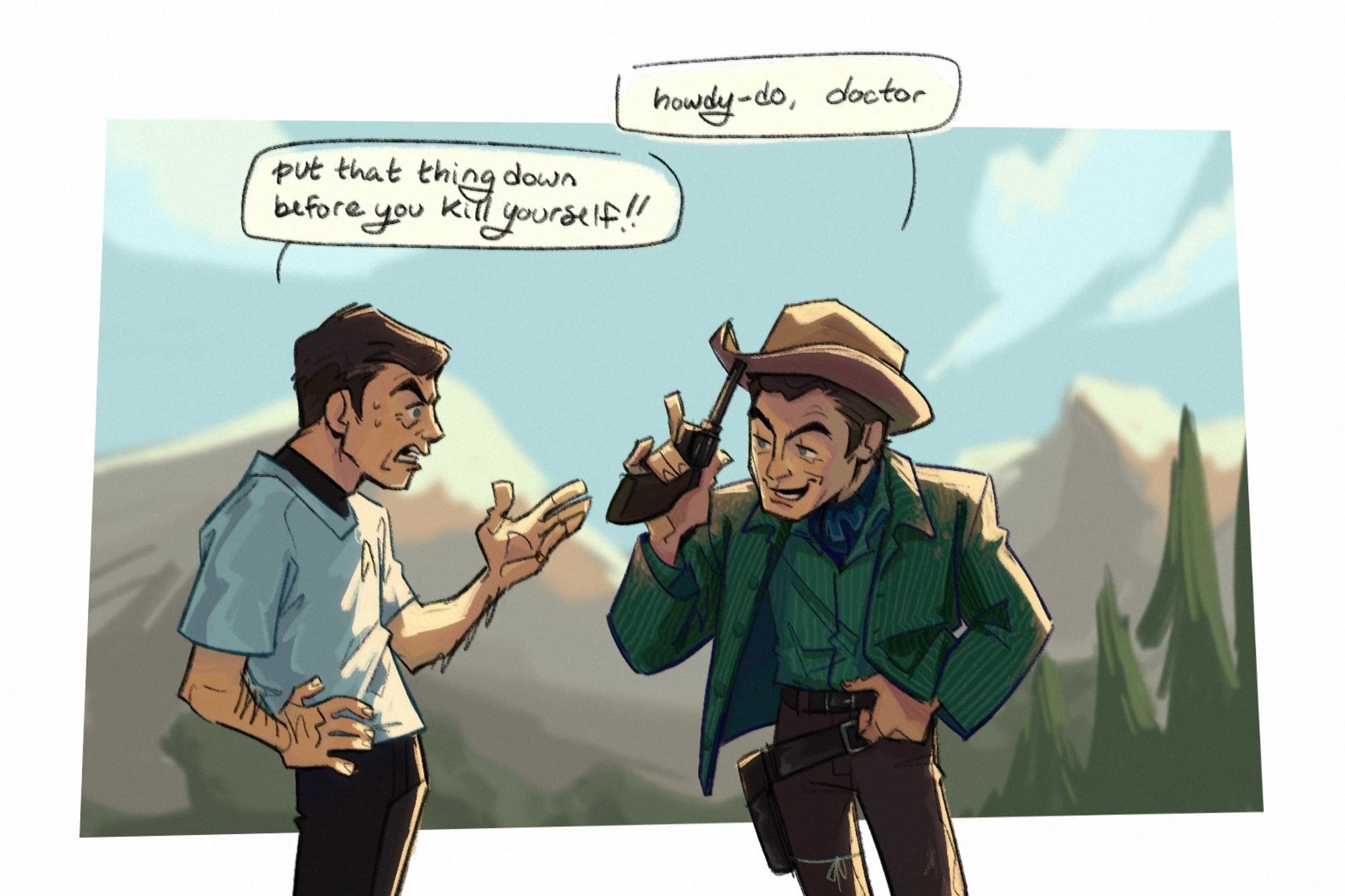 bones from star trek and curley from warlock (1959) standing in front of a mountainous background. curley is tipping his hat with his gun, saying “howdy-do, doctor”. bones is visibly stressed saying “put that thing down before you kill yourself!!”