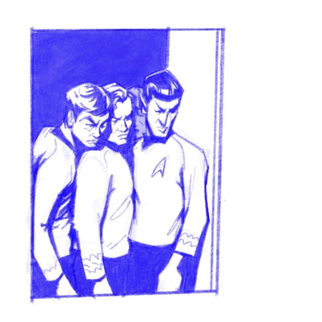 sketchy redraw of bones, kirk, and spock all standing chest to chest in one doorway