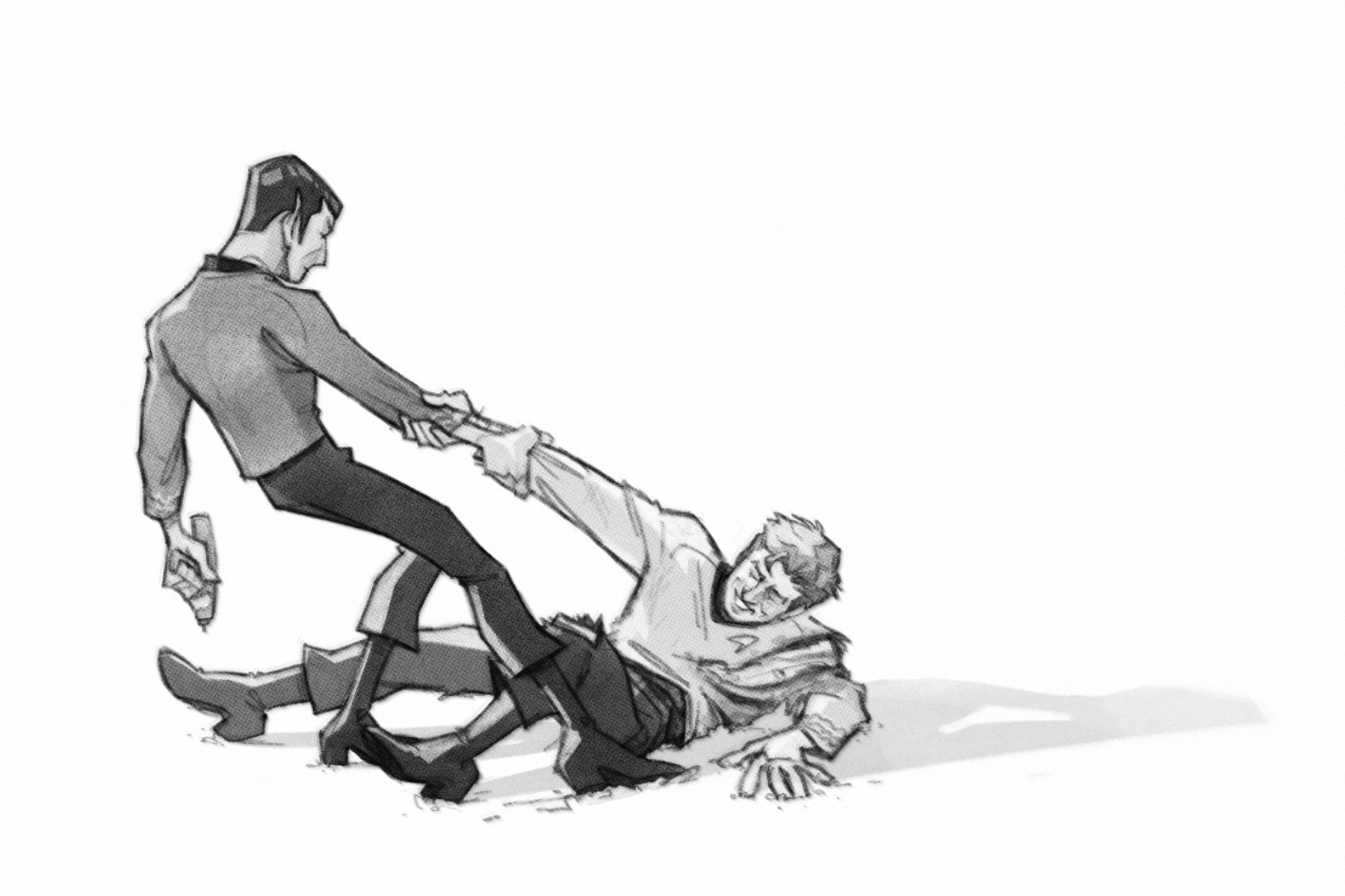 greyscale drawing of spock and kirk. kirk is on the ground with his shirt torn, spock is helping him up. 