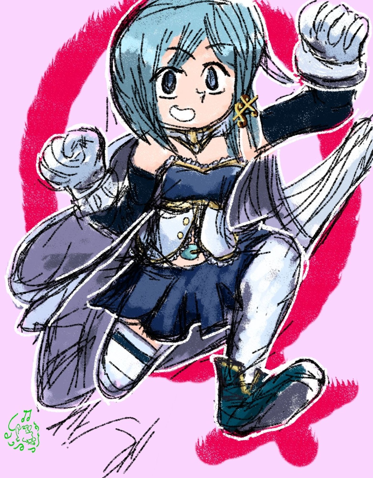 Miki Sayaka from the animated series Puella Magi Madoka Magica. She has a feminist symbol bwckground behind her.