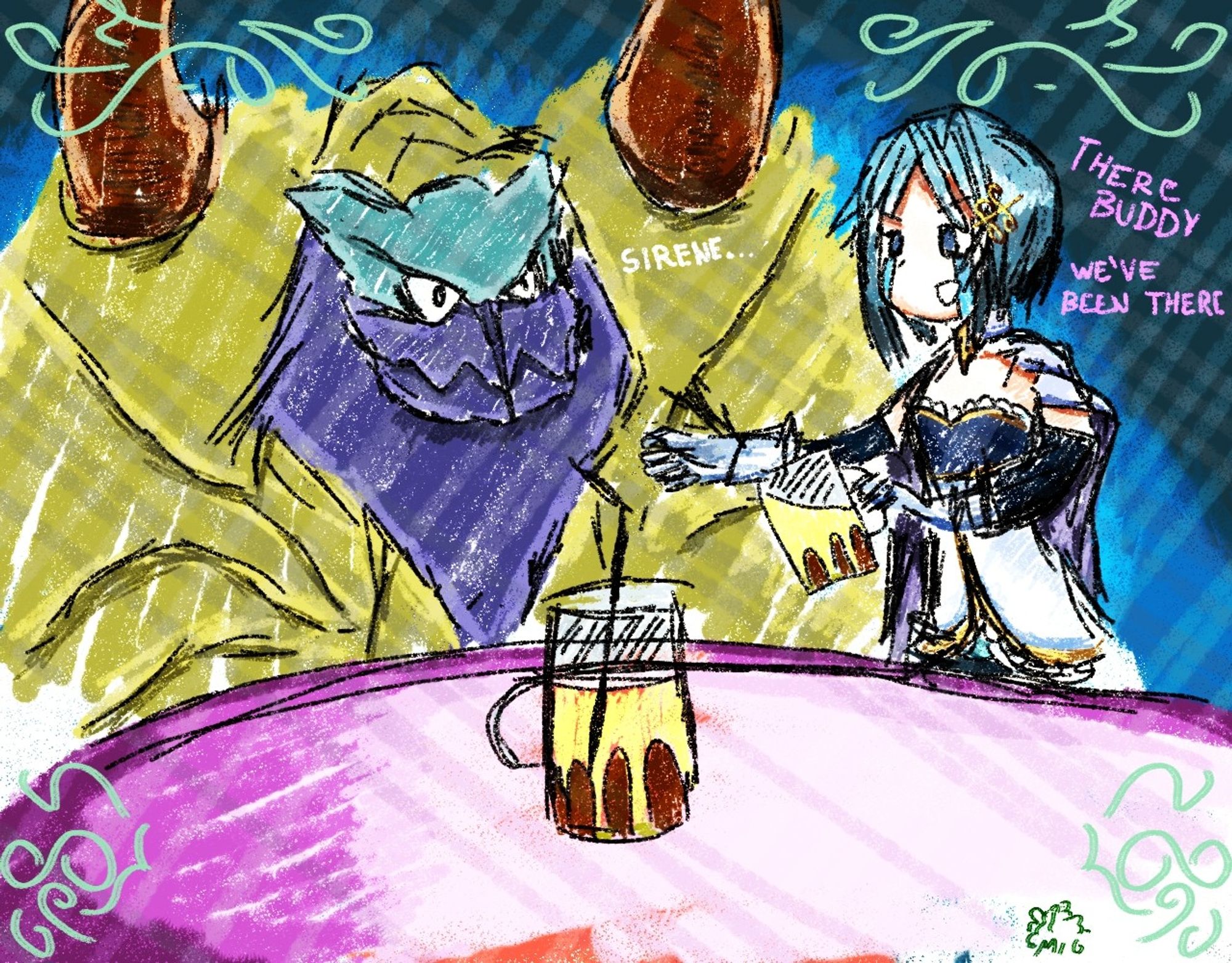 Ilustration of Miki Sayaka from Madoka Magica cheering up Caim from Devilman at a bar. They're drinking non-alcoholic beverages.