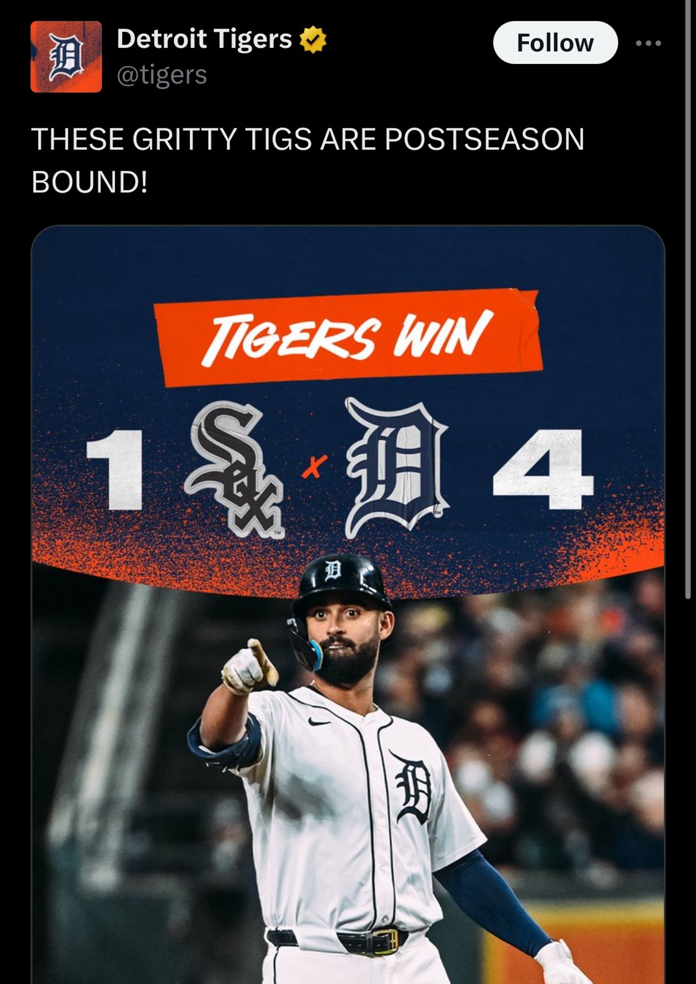 Picture of a Twitter post from the Detroit Tigers showing the team made the postseason. First time in a looooooooong decade.