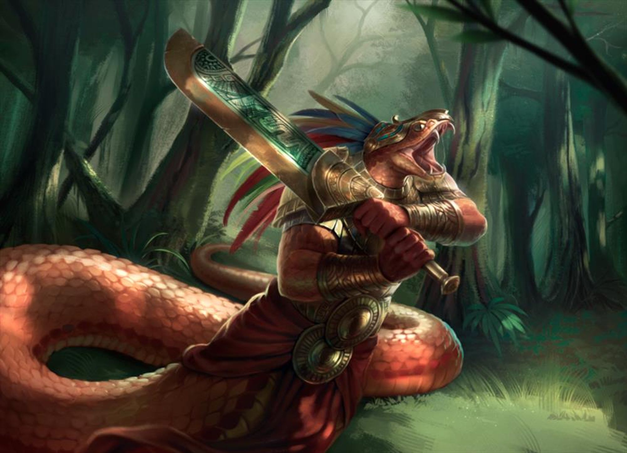 A snakelike humanoid charges through a jungle, fangs bared and wielding a massive bronze sword.