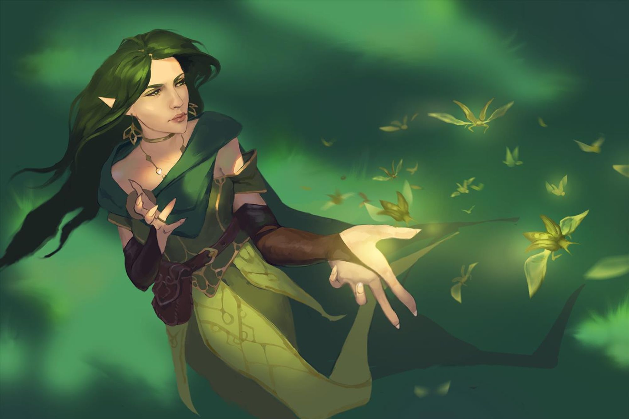 A green-haired elven woman sends a spray of moths fluttering out of her hand