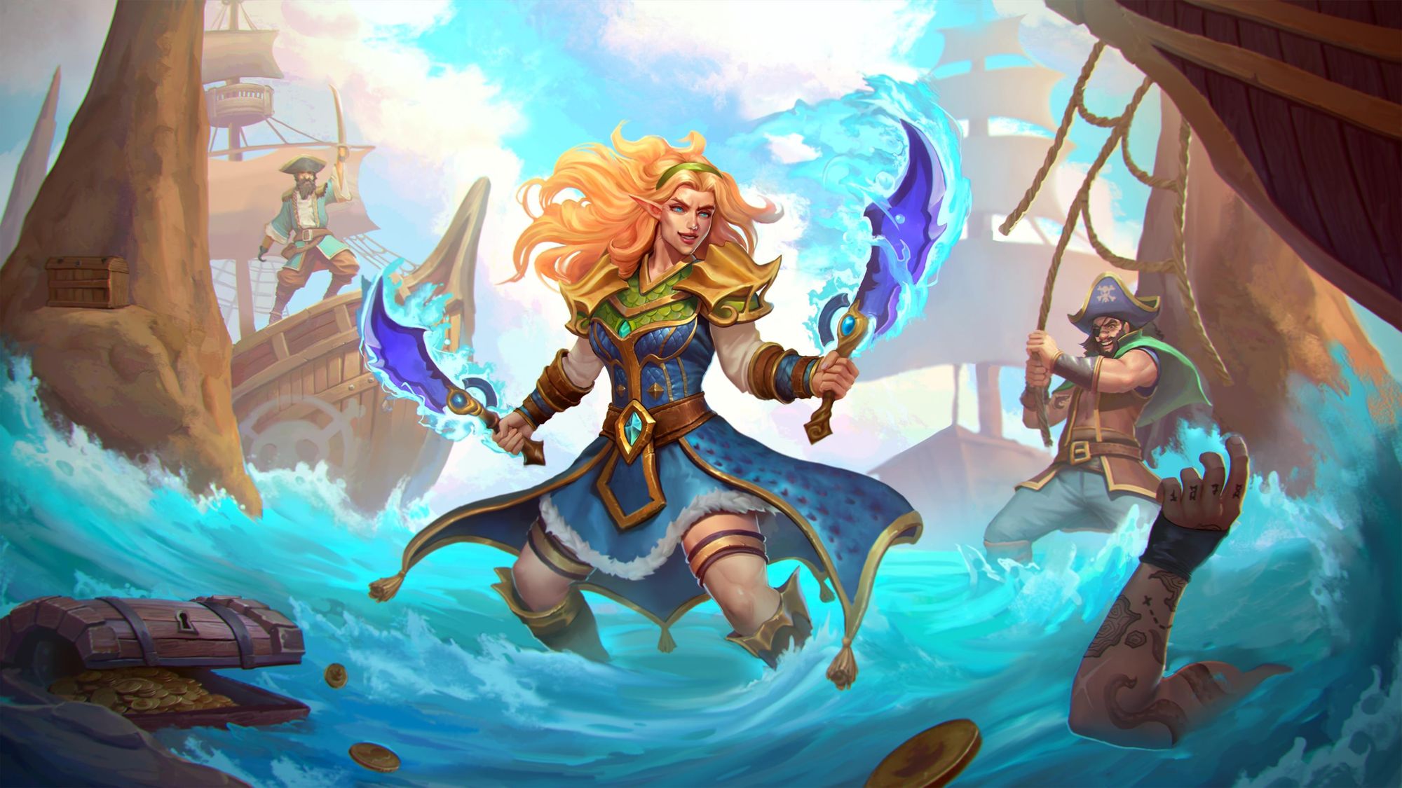 Shoalstrider Ranger, by Will Roqq
An elven woman stands knee-deep in coastal waters, wielding a pair of cutlasses against a band of pirates, magic water splashing off the blades.