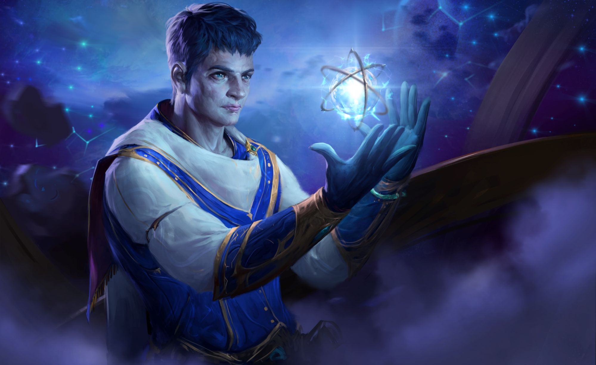 Order of Astromancy WIzard, by Duong Lam

A young man in blue-and-white robes stands in front of a night sky, a mote of starlight hovering above his open hands.