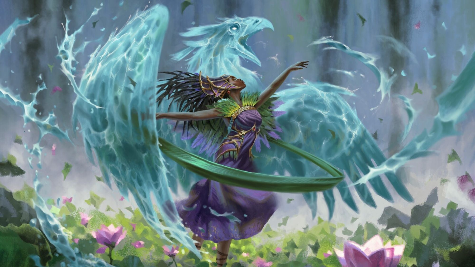 Jolrael, Voice of Zhalfir, by Lorenzo Mastroianni © Wizards of the Coast LLC

A dark-skinned woman in an elaborate purple dress and feathered cape channels an eagle spirit formed of water.