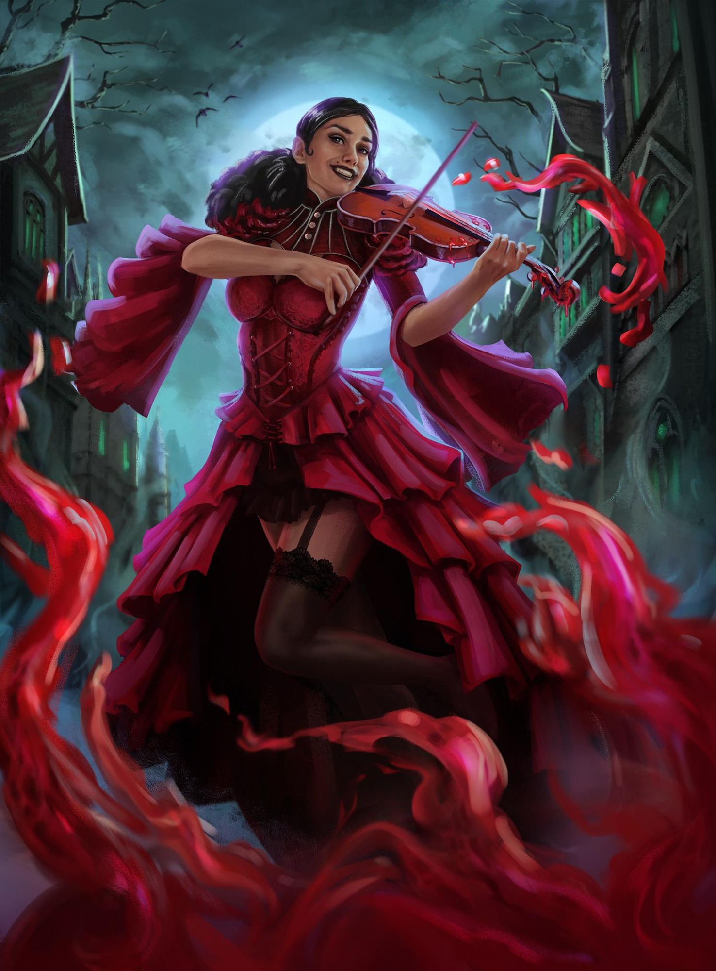 A brown-skinned woman fiddles in the moonlight, a flowing red dress swirling around her amid sinister crimson tendrils