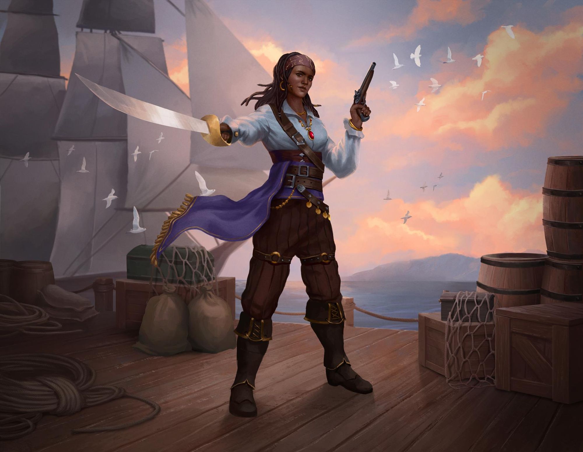 Swashbuckler, by Alifka Hamamm Nugroho
A dark-skinned woman stands on a ship's deck, medallions and a loose scarf hanging from practical clothing, holding a cutlass and pistol.