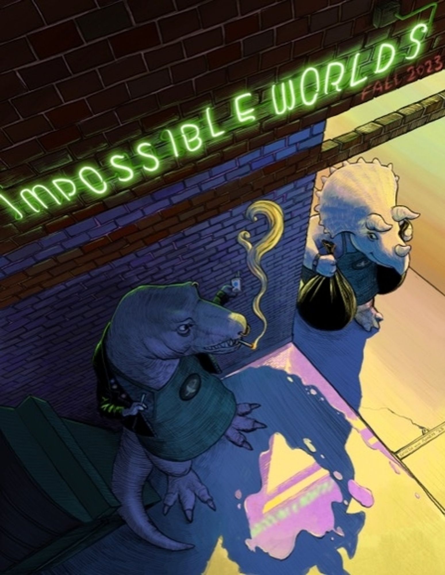 Cover art for Issue 3 of Impossible Worlds. A T-Rex with a leather jacket, restaurant apron, and a cigarette standing outside the back door of a brick building next to a triceratops with the same apron carrying trash bags to the dumpster near the rex.