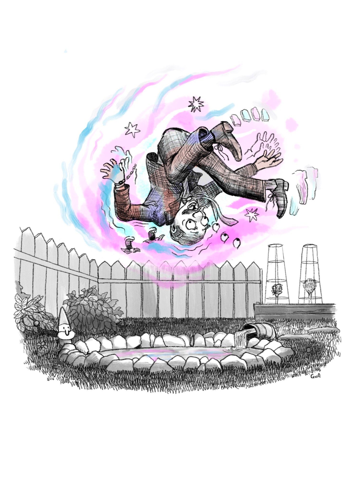 Cover Art for "The Day My Mum Chucked a Bloke From the Government at the Wormhole in Our Garden" by Michelle Ann King, available in Issue 4 of Impossible Worlds. A man with a mustache and suit,  having been flung, in a backyard over a small pond, with pink and blue swirls as he is falling into the titular wormhole.