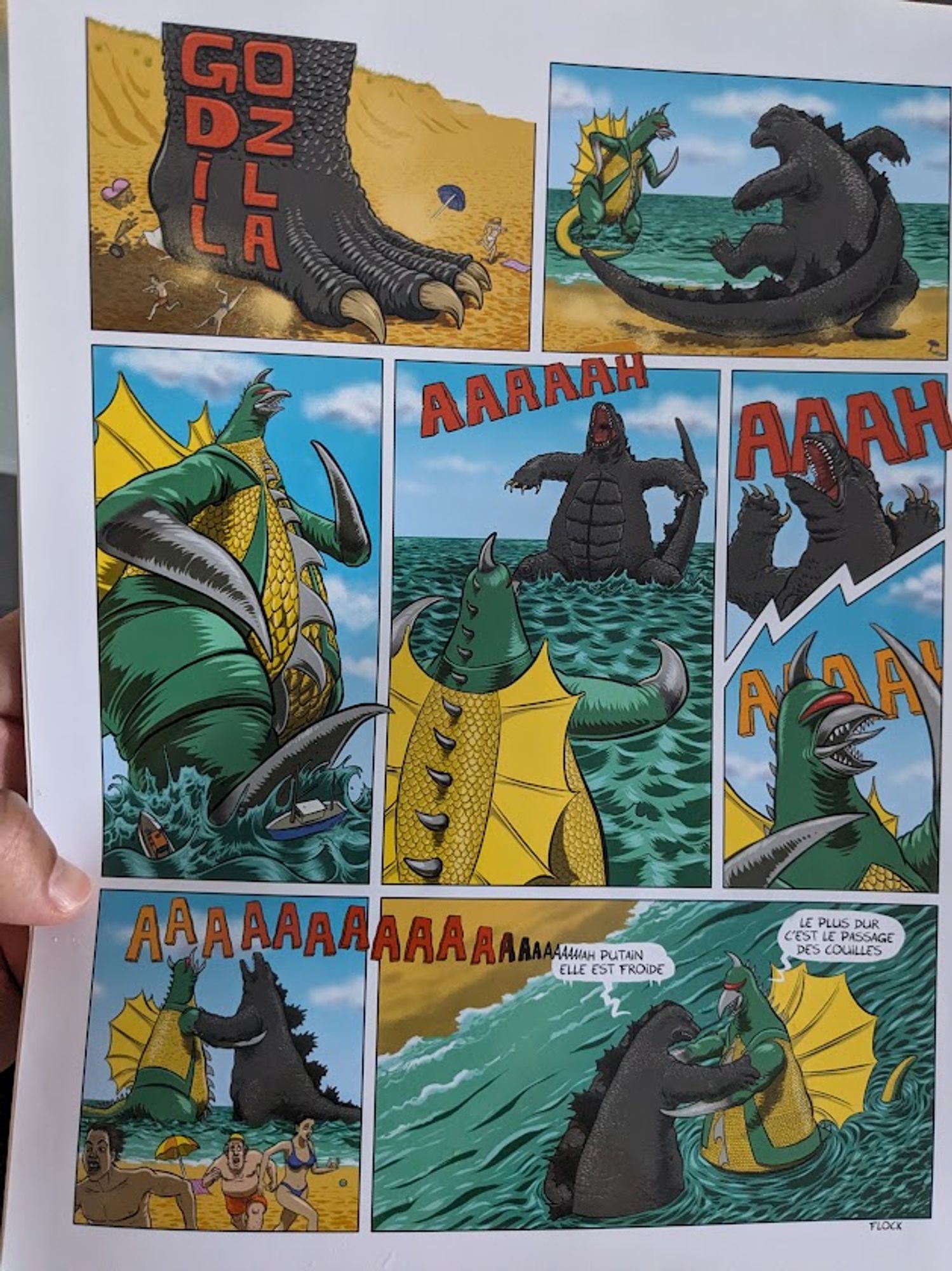 4eme de couv avec une bataille entre Godzilla et un autre monstre sur une plage en Bretagne