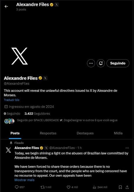 Alexandre Files # X
@AlexandreFIles
This account will reveal the unlawful directives issued to X by Alexandre de Moraes.

@AlexandreFiles:
Today, we begin shining a light on the abuses of Brazilian law committed by
Alexandre de Moraes.
We have been forced to share these orders because there is no transparency from the court, and the people who are being censored have no recourse to appeal. Our own appeals have been