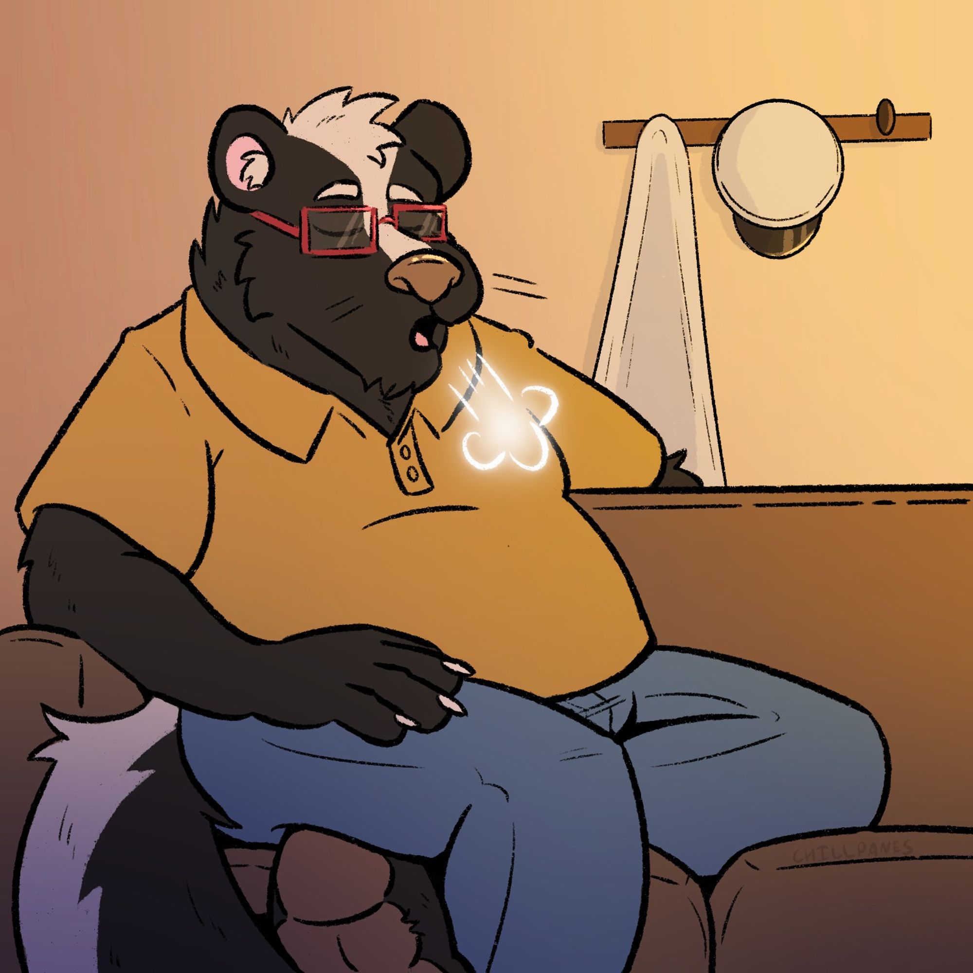 Chris Koebel skunk relaxing on a couch unwinding