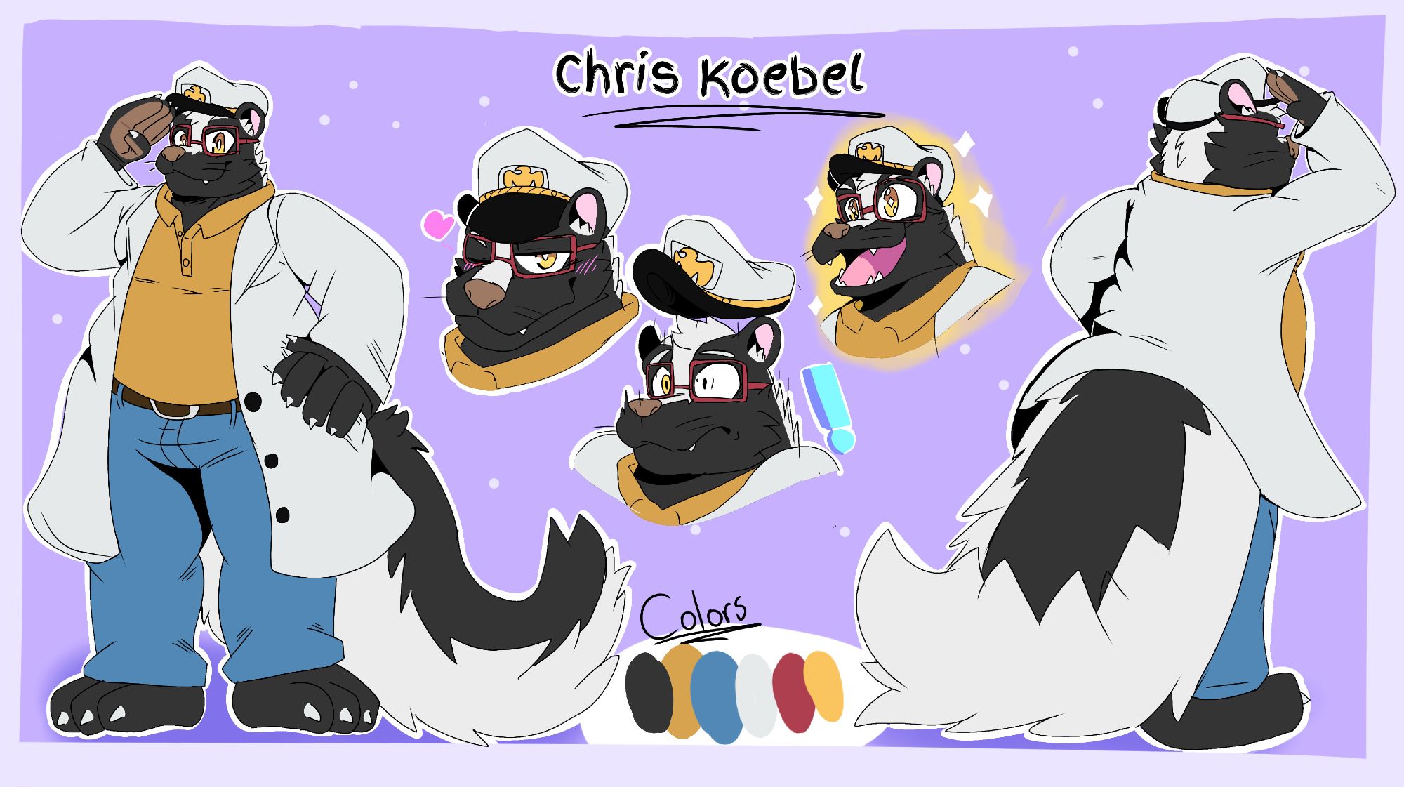 Chris Koebel skunk reference sheet showing front, back, outfit, and a few faces