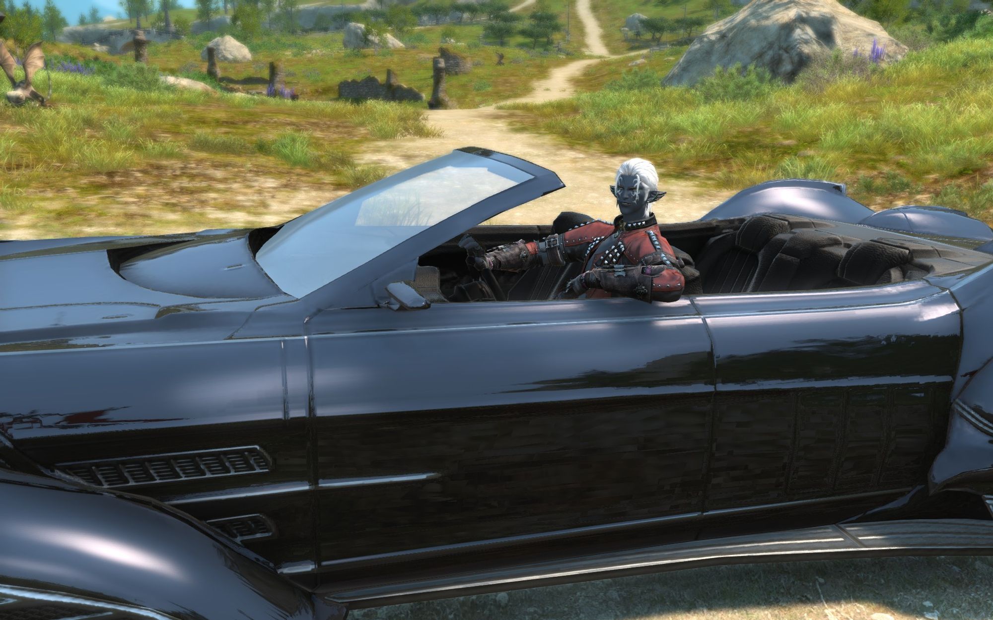 My elezen Duathire in his convertible car asking you to hop in