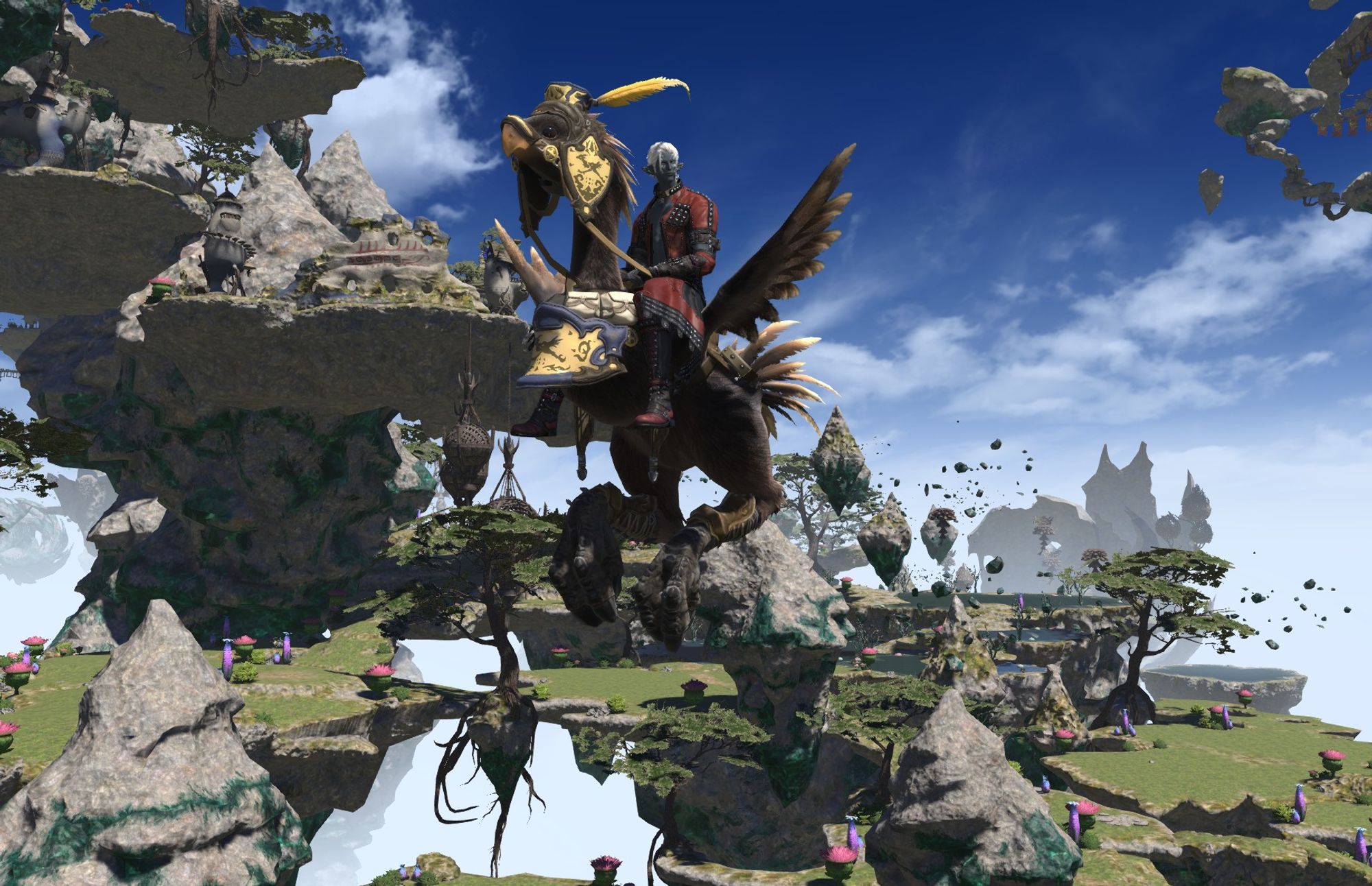 My elezen Duathire flying high up on his black chocobo mount looking out at the view.