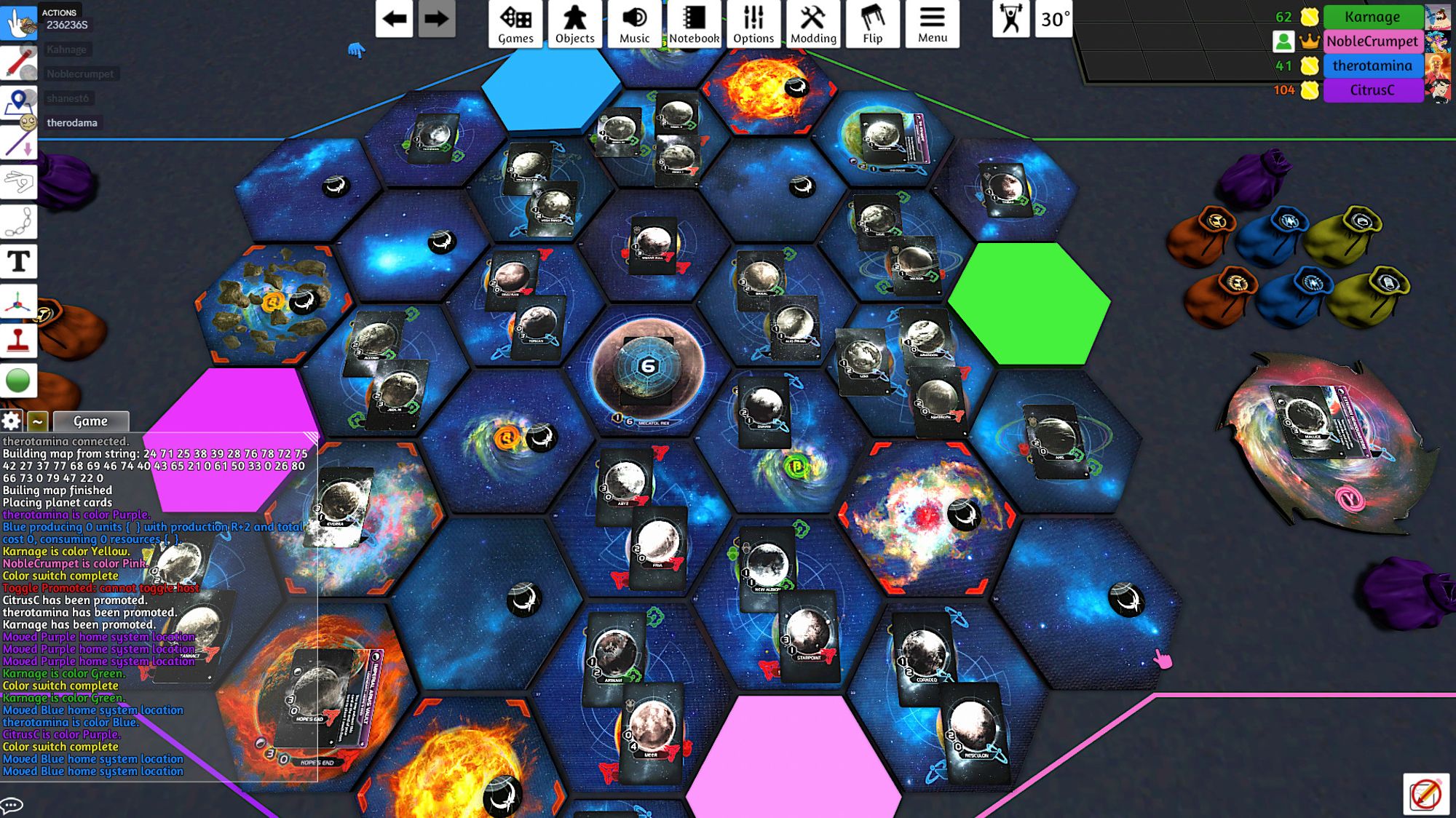 A screenshot of Tabletop Sim with a set-up game of Twilight Imperium Fourth Edition