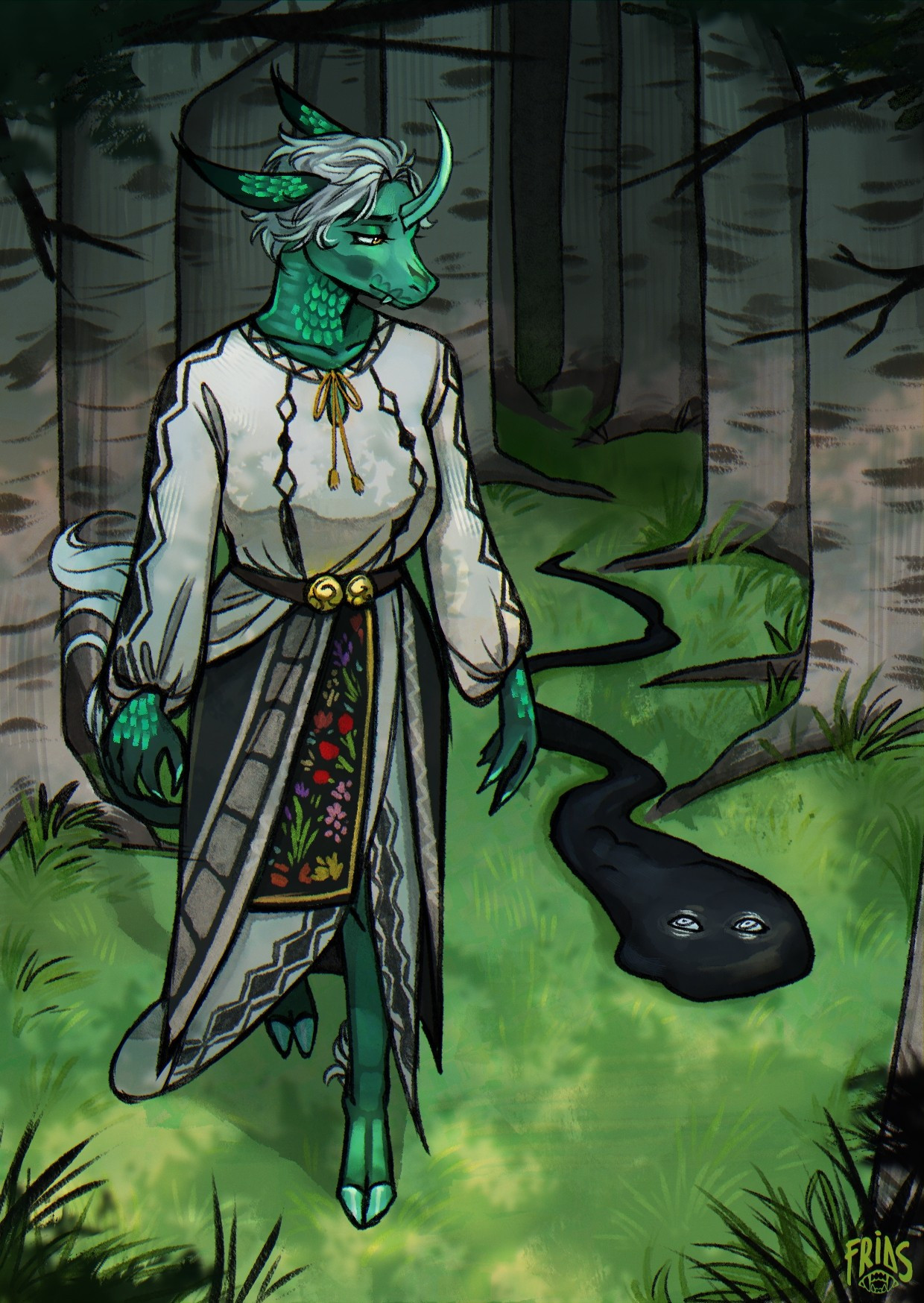 A green translucent unicorn girl with scales on her neck and arms ,dressed in a traditional romanian folkloric outfit, walks through a forest with white trees. She looks back at a black puddle with eyes following her. It's a friendly puddle ,he looks back at her.