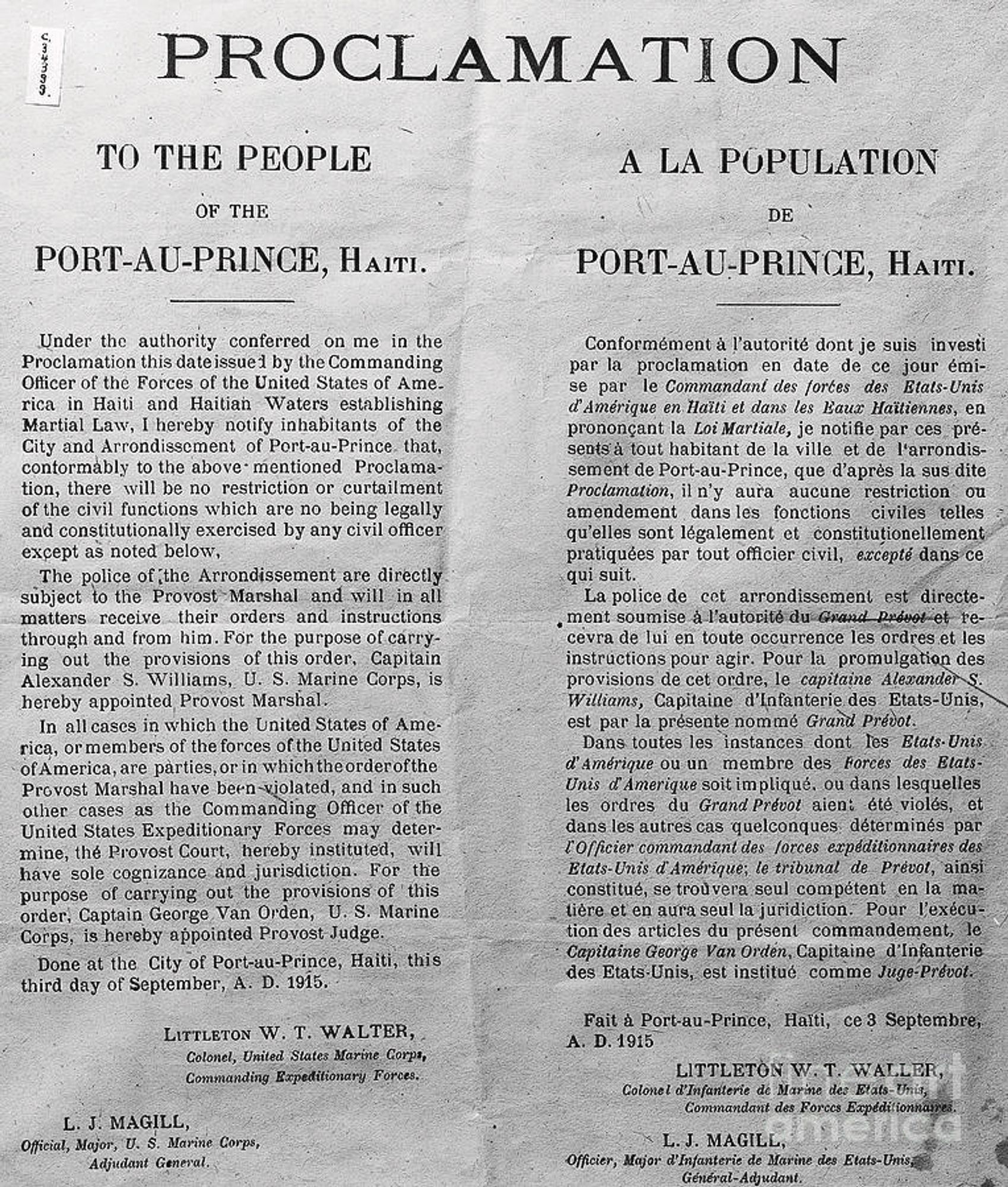 US Marine proclamation of occupation to Haiti, 1915