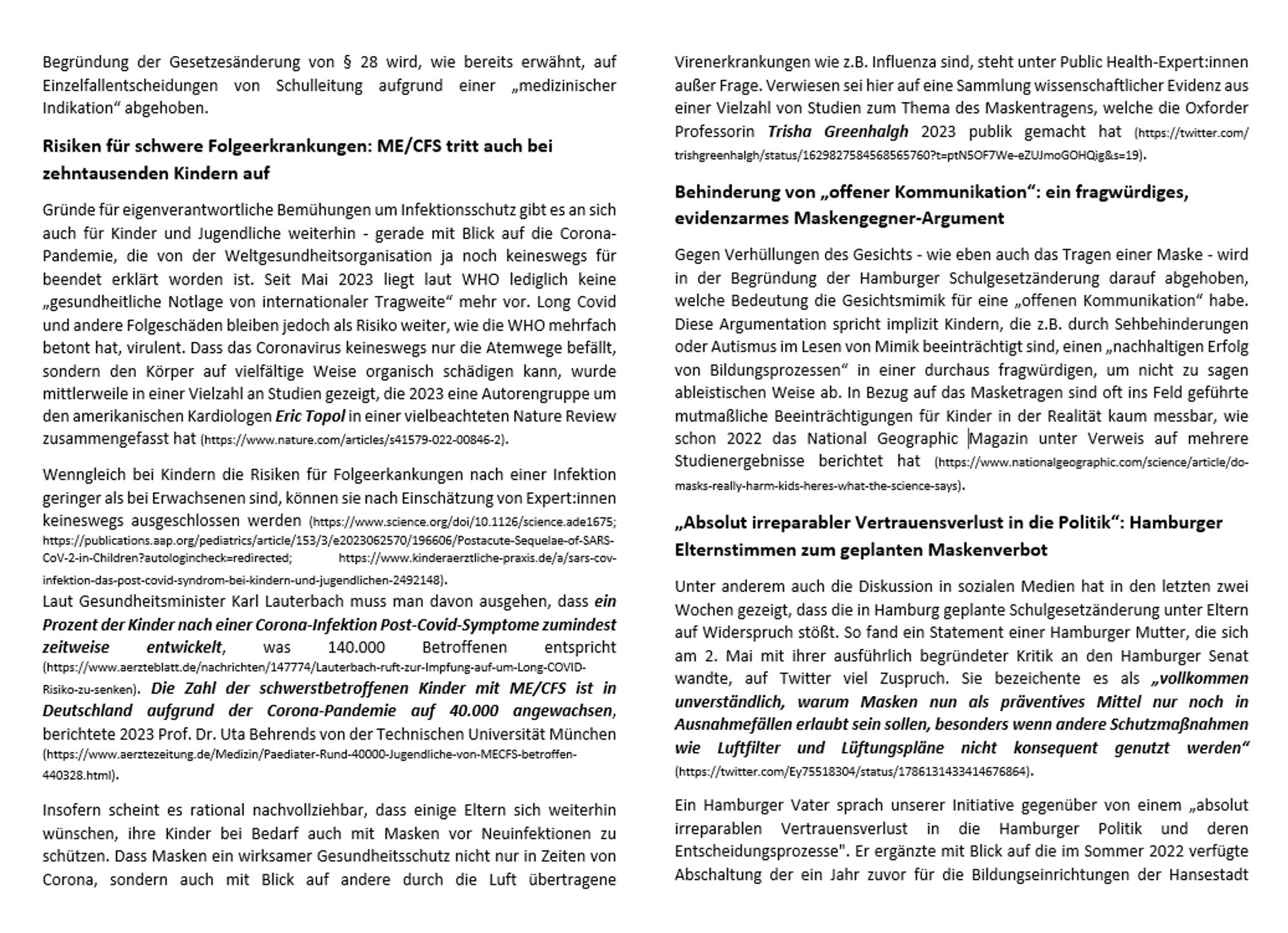 ALT-Text:
Screenshot der zweiten Seite des PDFs der Pressemitteilung, zu finden unter folgendem Link:
➡️https://luftfilterjetzt.de/presse/downloads/pdf/Pressemitteilung_Hamburger_Maskenverbot_2024_5_12.pdf
Link zur Pressemitteilung vom 12.5.2024 auf der Webseite der Initiative #ProtectTheKids:
➡️https://luftfilterjetzt.de/presse/2024/05/12.html